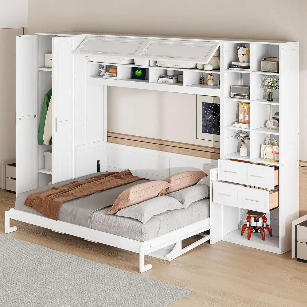 Queen Size Horizontal Murphy Bed with Desk, Folding Murphy Bed Cabinet with Wardrobe Storage Drawers and Shelves, Hideaway Wall
