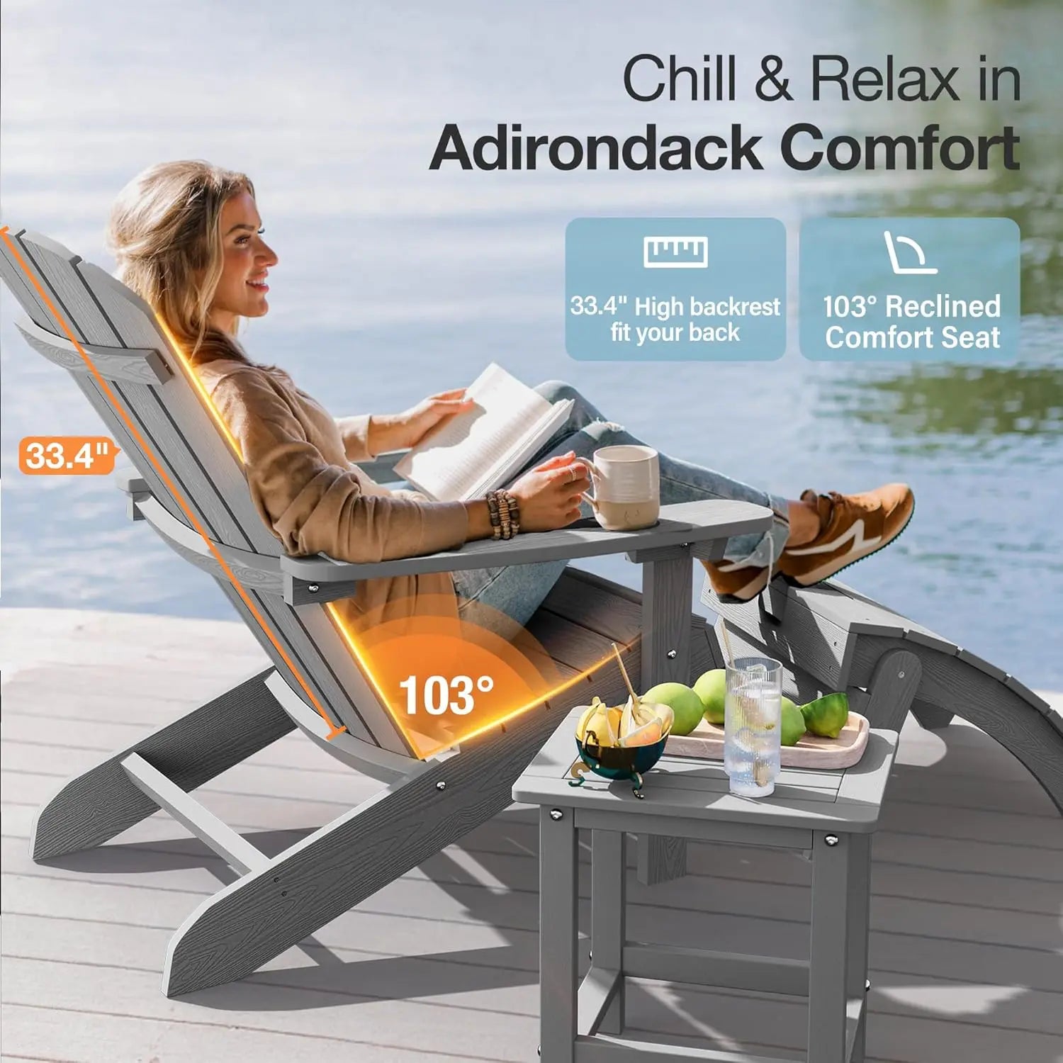 Adirondack Chairs Set of 4 Plastic Weather Resistant-Grey,