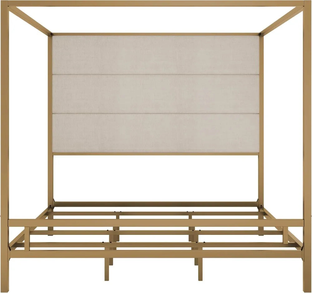 King Size Metal Canopy Bed Frame with Upholstered Headboard