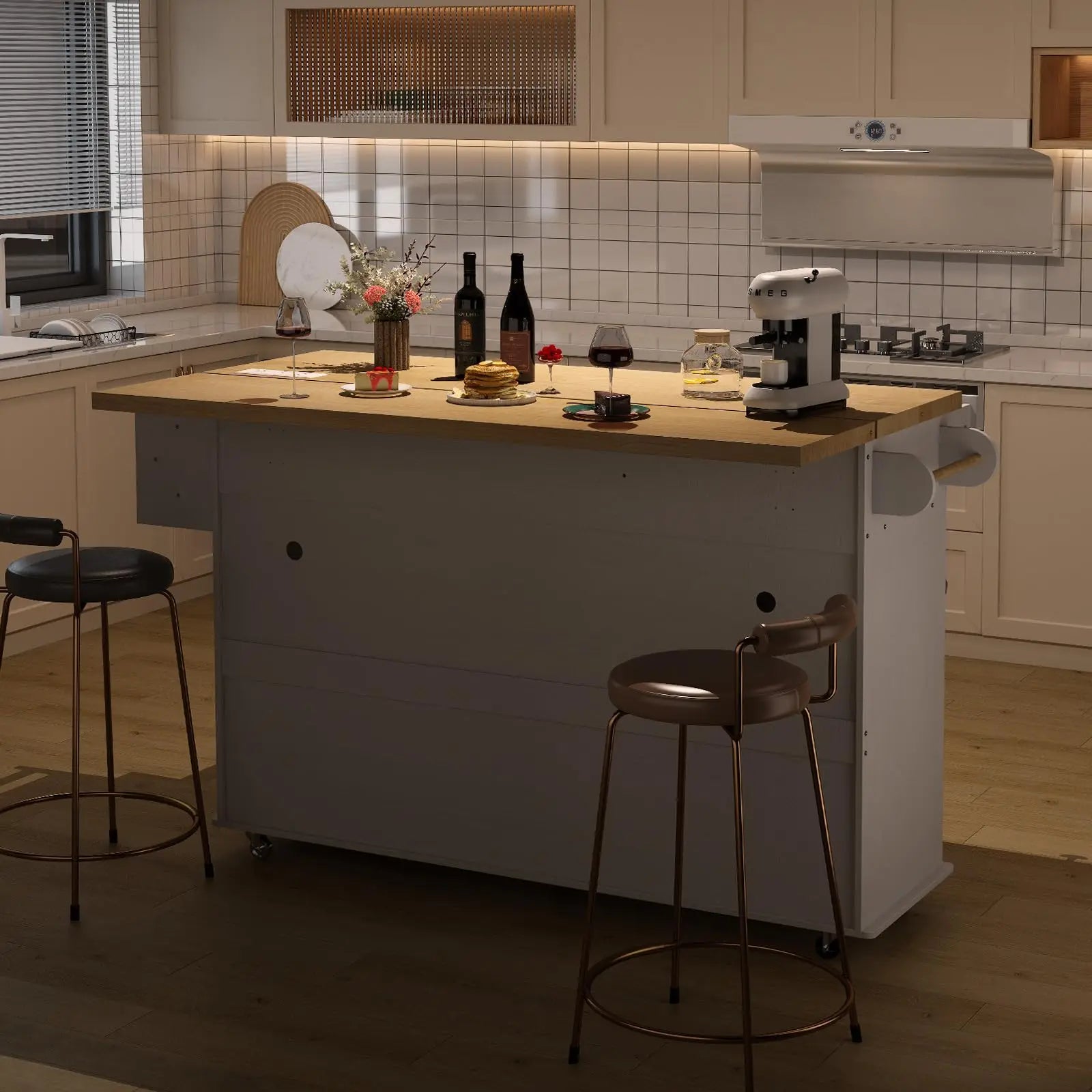 60" Mobile Kitchen Islands Table Drop Leaf with Power Outlet