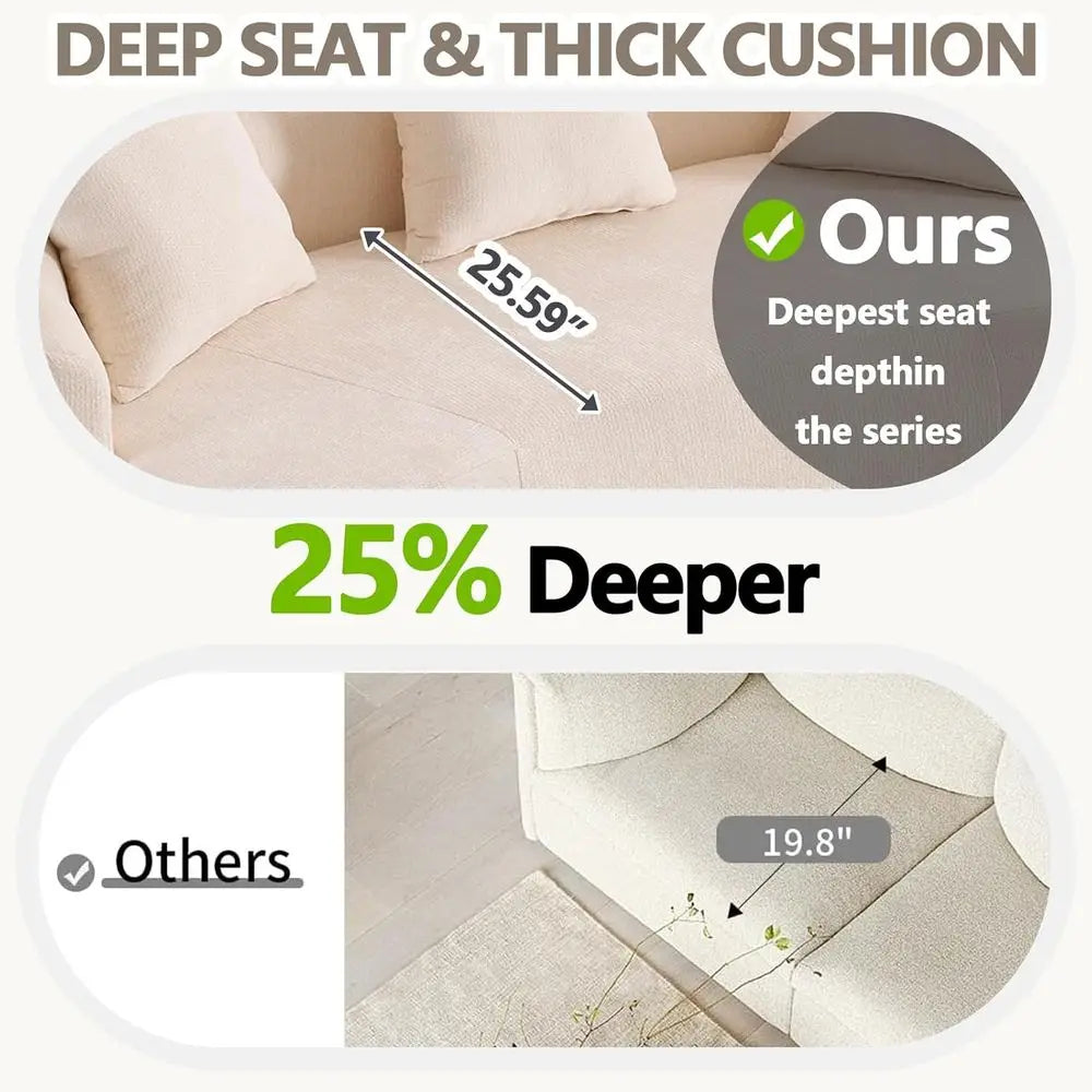 Beige Curved Loveseat Sofa with 3 Throw Pillows