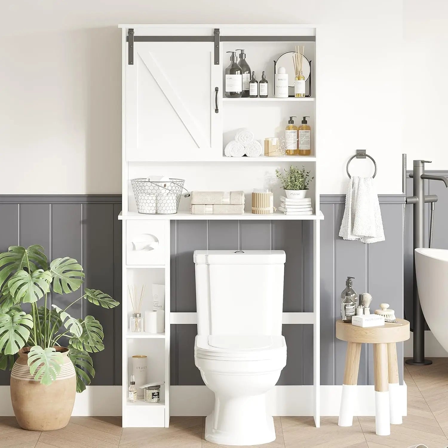 Bathroom Storage Cabinet-Above Toilet Organizer with Sliding Barn Door