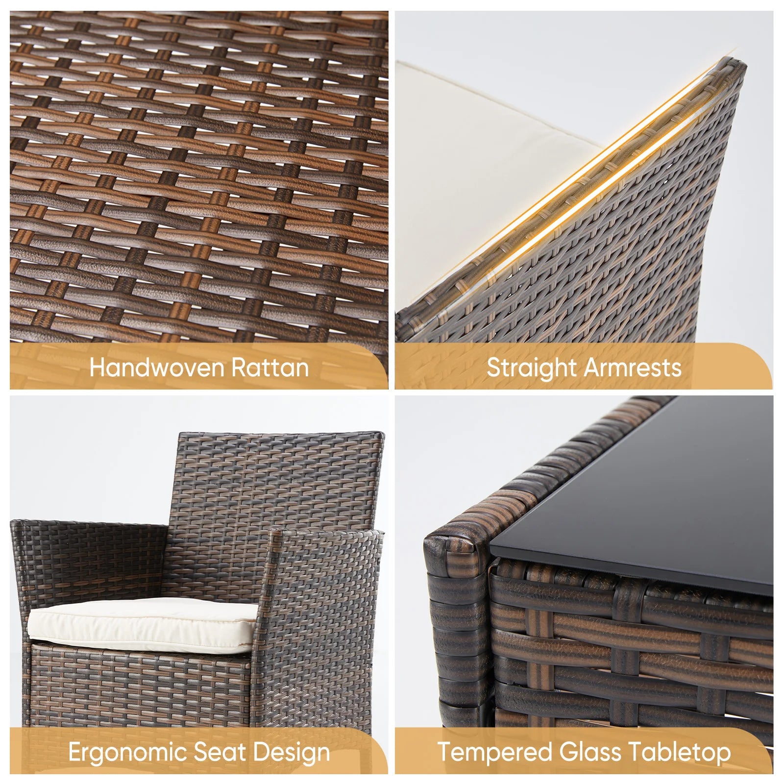 Wicker Rattan Patio Chairs with Soft Cushion and Glass Table