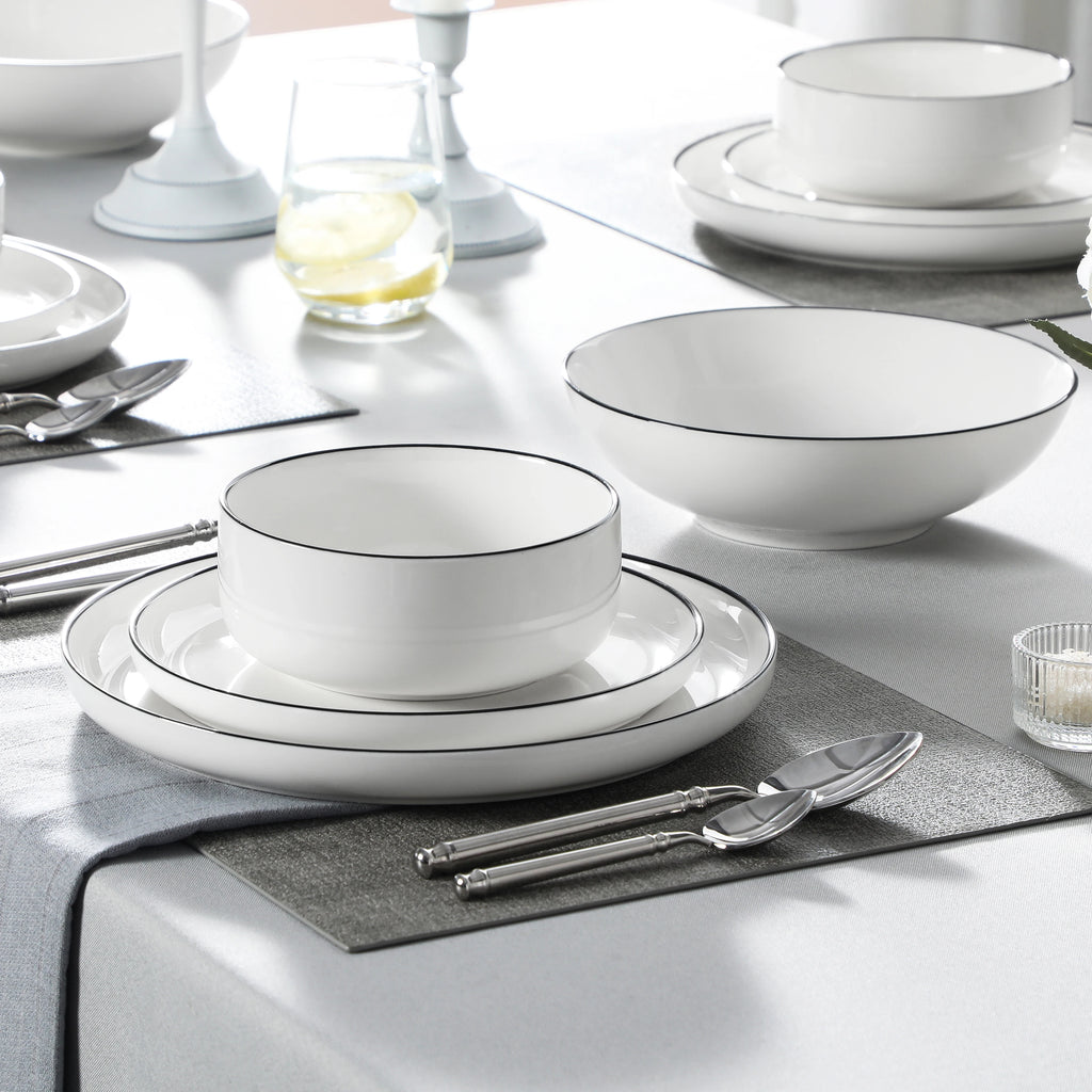 24/48Piece Ceramic Plates Black Rim Porcelain Dinnerware Set
