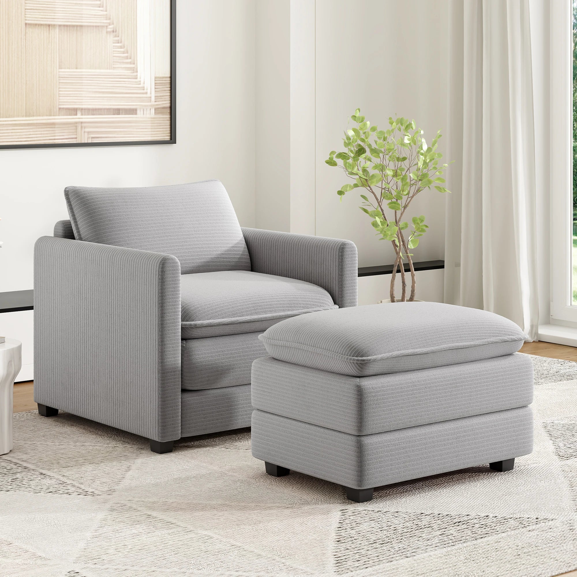 Corduroy Armchair with Ottoman Set, Accent Chair & Footstool, High-Quality Foam, Easy 15-Min Assembly, for Living Room, Bedroom