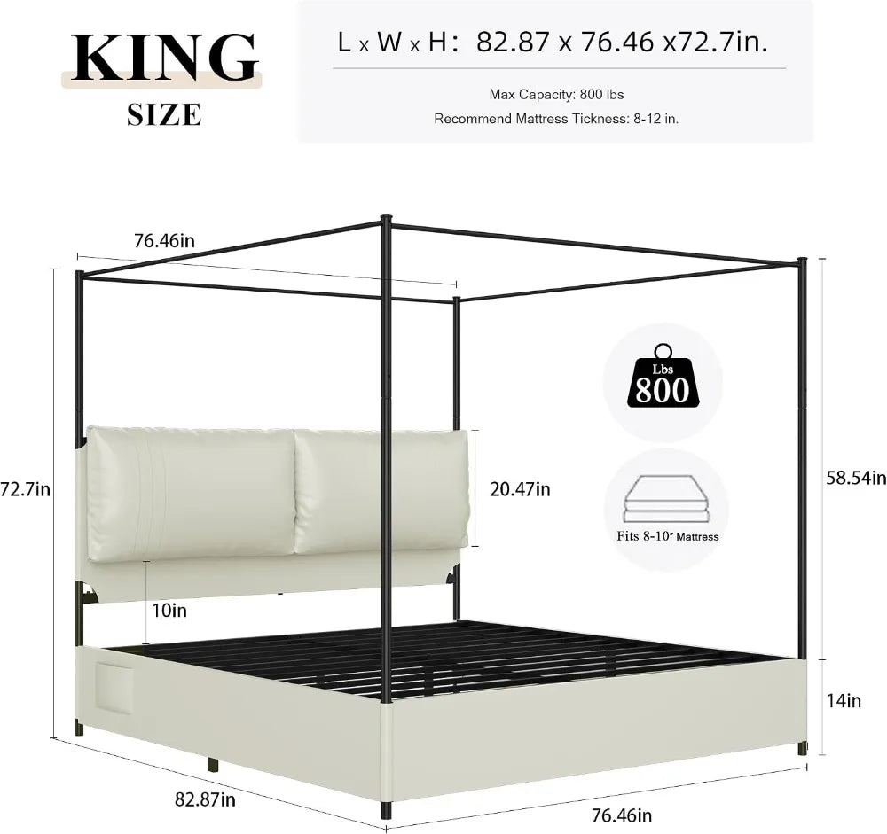 Canopy Bed Frame King Size Upholstered Headboard