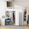 Full Size Loft Bed with Desk, Stairs, Wardrobe, Bookshelf, White for Bedroom or Study in Small Spaces