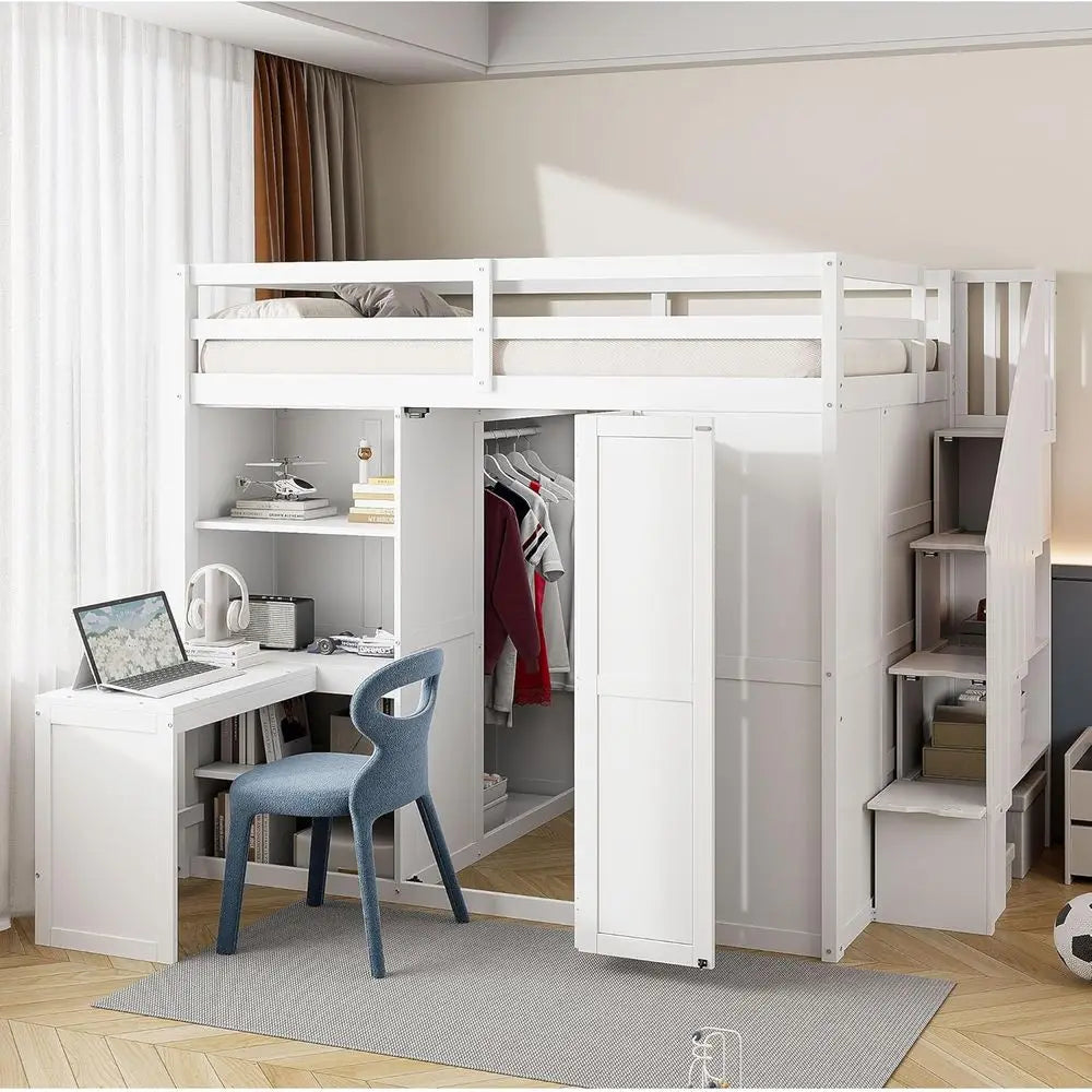 Full Size Loft Bed with Desk, Stairs, Wardrobe, Bookshelf, White for Bedroom or Study in Small Spaces