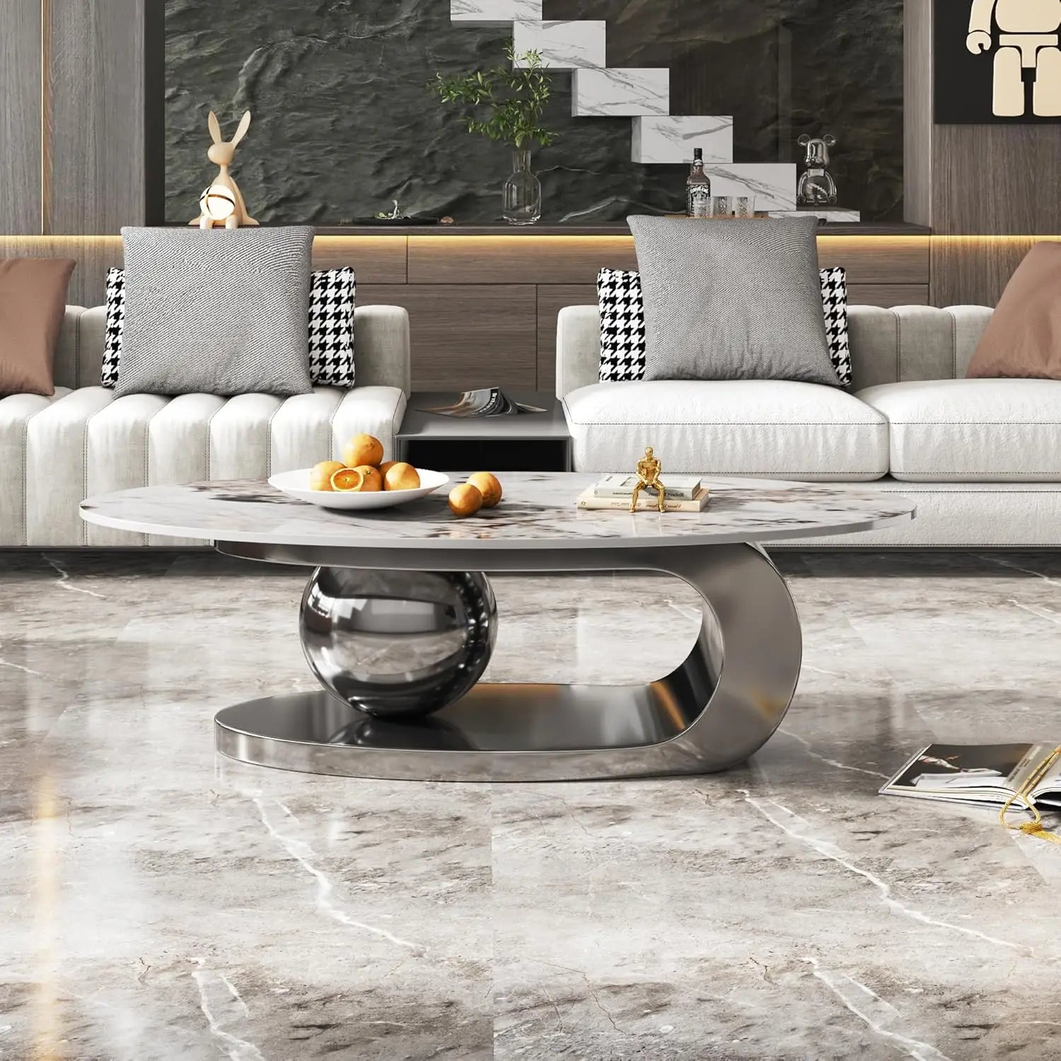 Modern Coffee Table with Silver Stainless Steel Pedestal