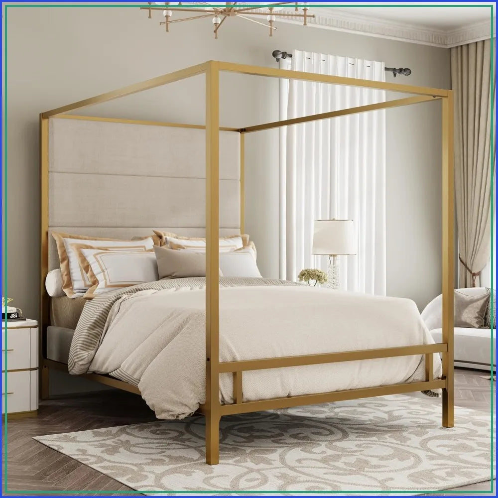 King Size Metal Canopy Bed Frame with Upholstered Headboard