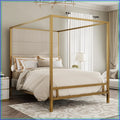 King Size Metal Canopy Bed Frame with Upholstered Headboard