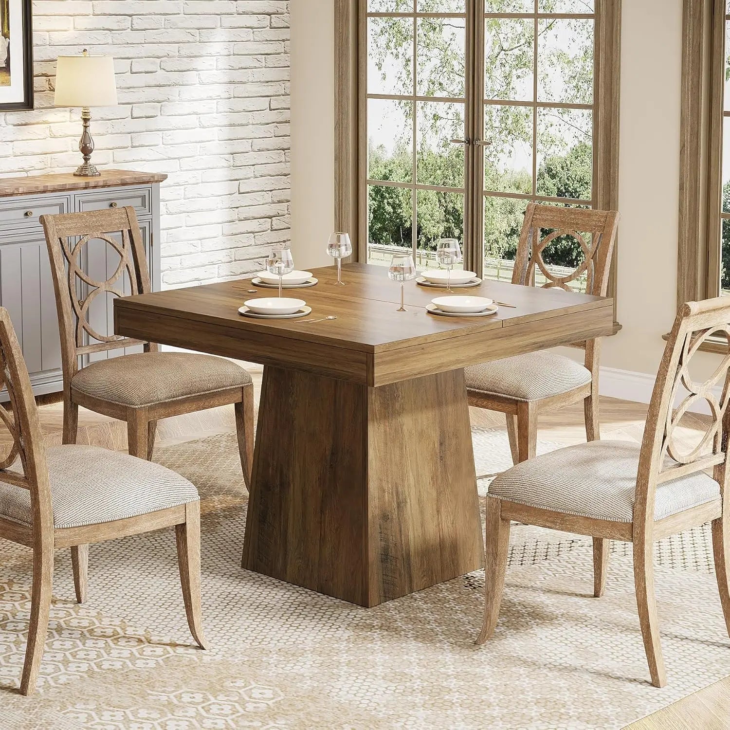 Square Dining Table for 4 with Sturdy Pedestal Base