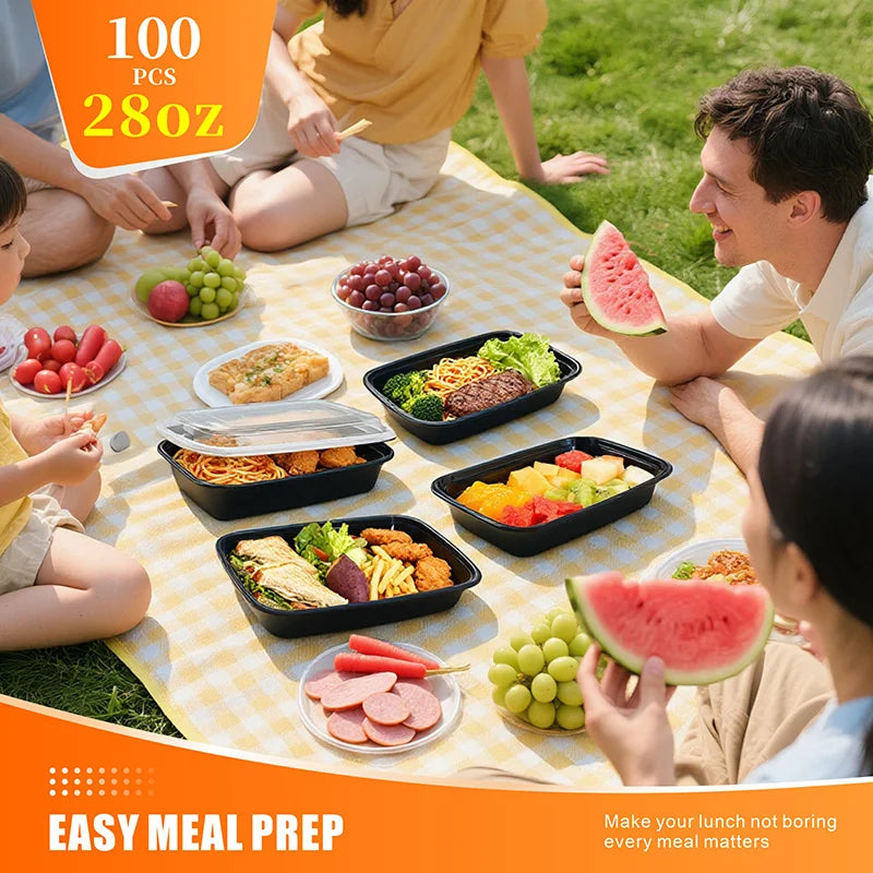 100pcs Black Rectangular Meal Prep Containers 28oz