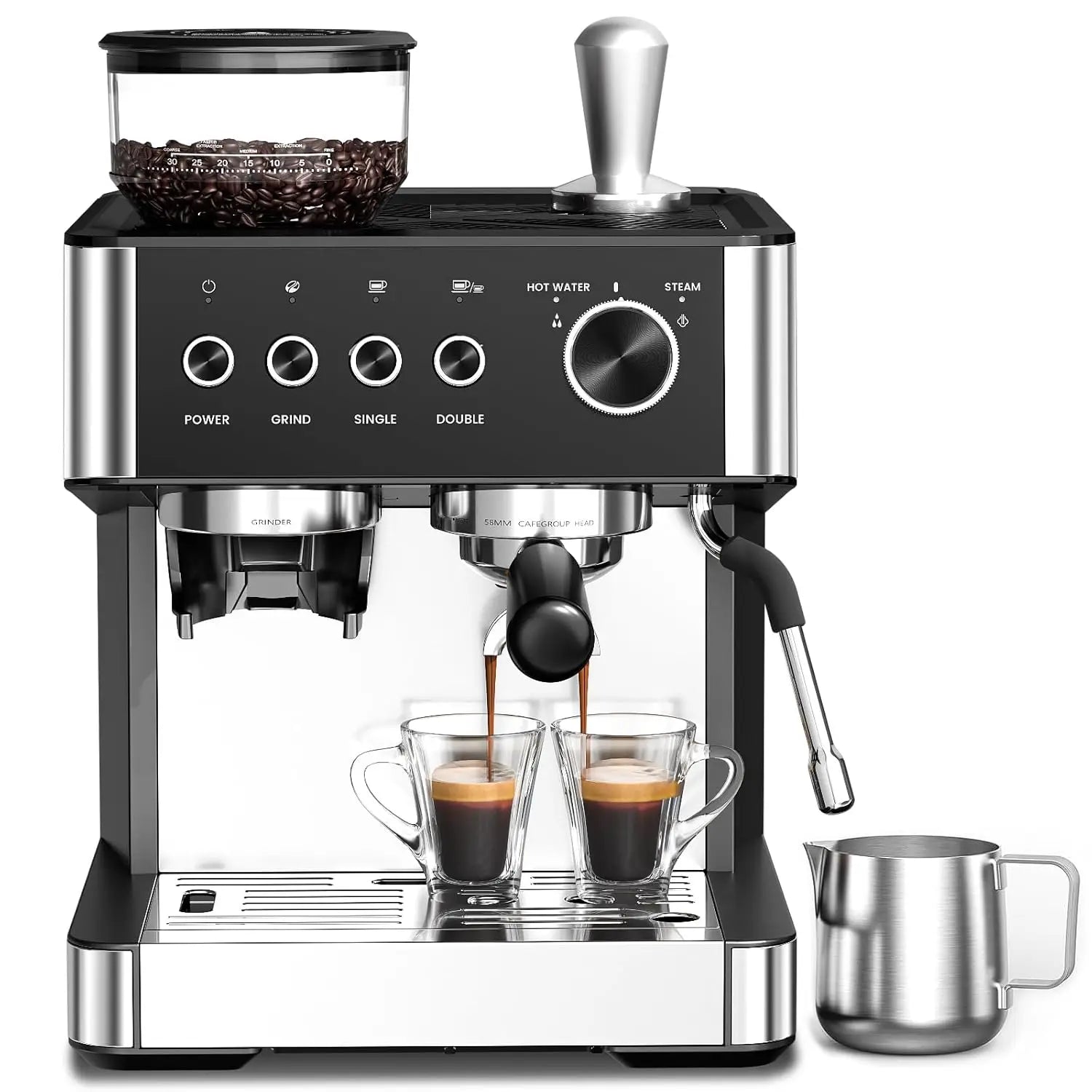 Espresso Coffee Machine with Grinder & Milk Frother Steam Wand,