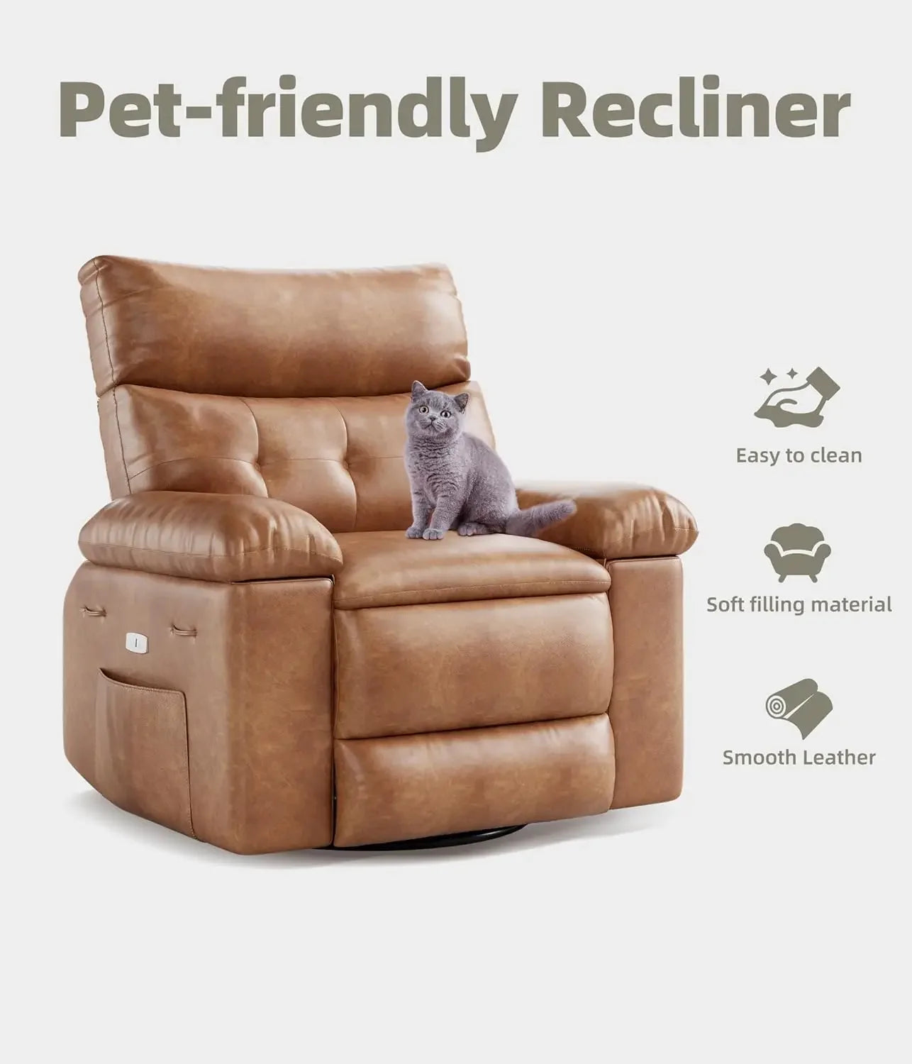 Garvee Manual Recliner Chair Sofa PU Leather, Comfortable 135° Reclining Armchair with Foldable Telescopic Armrests, Wide Seat 56cm, Living Room Lounge Chair Retro