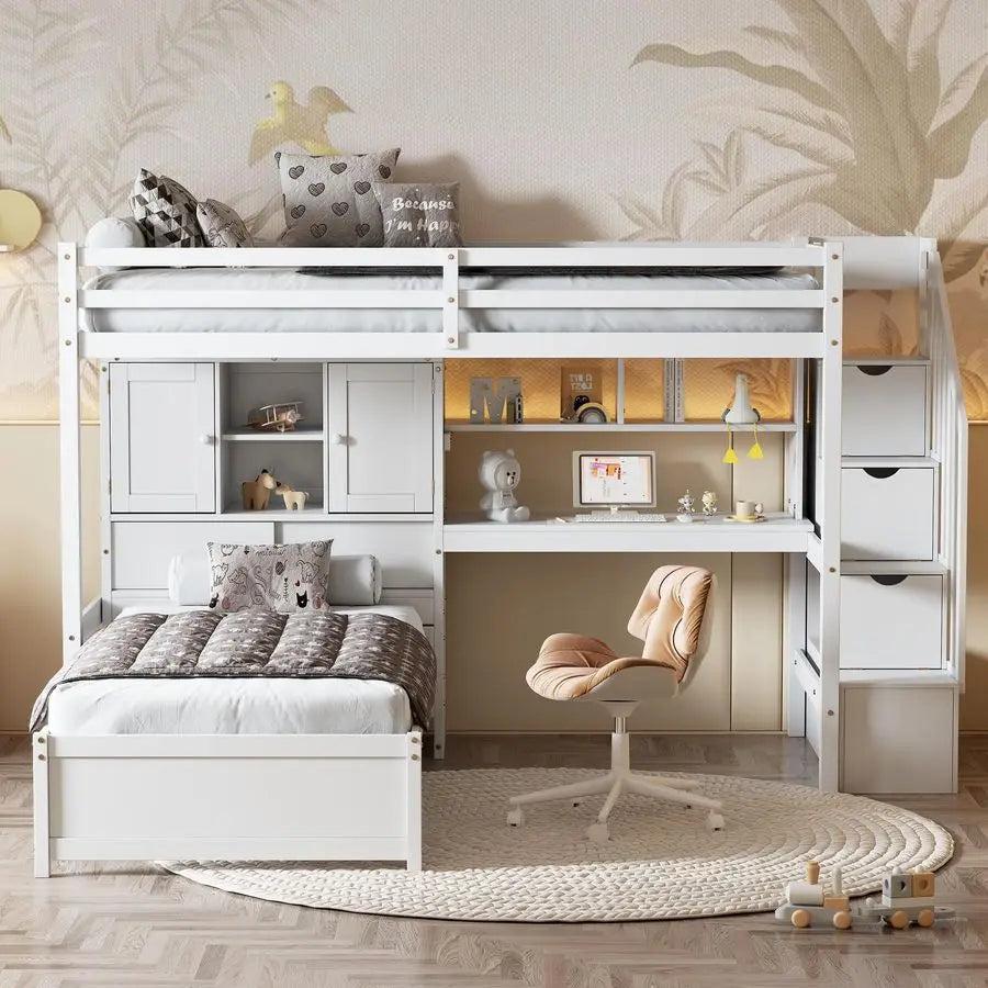 Bunk Bed Twin Over Twin with Desk Storage Compartments Shelves,
