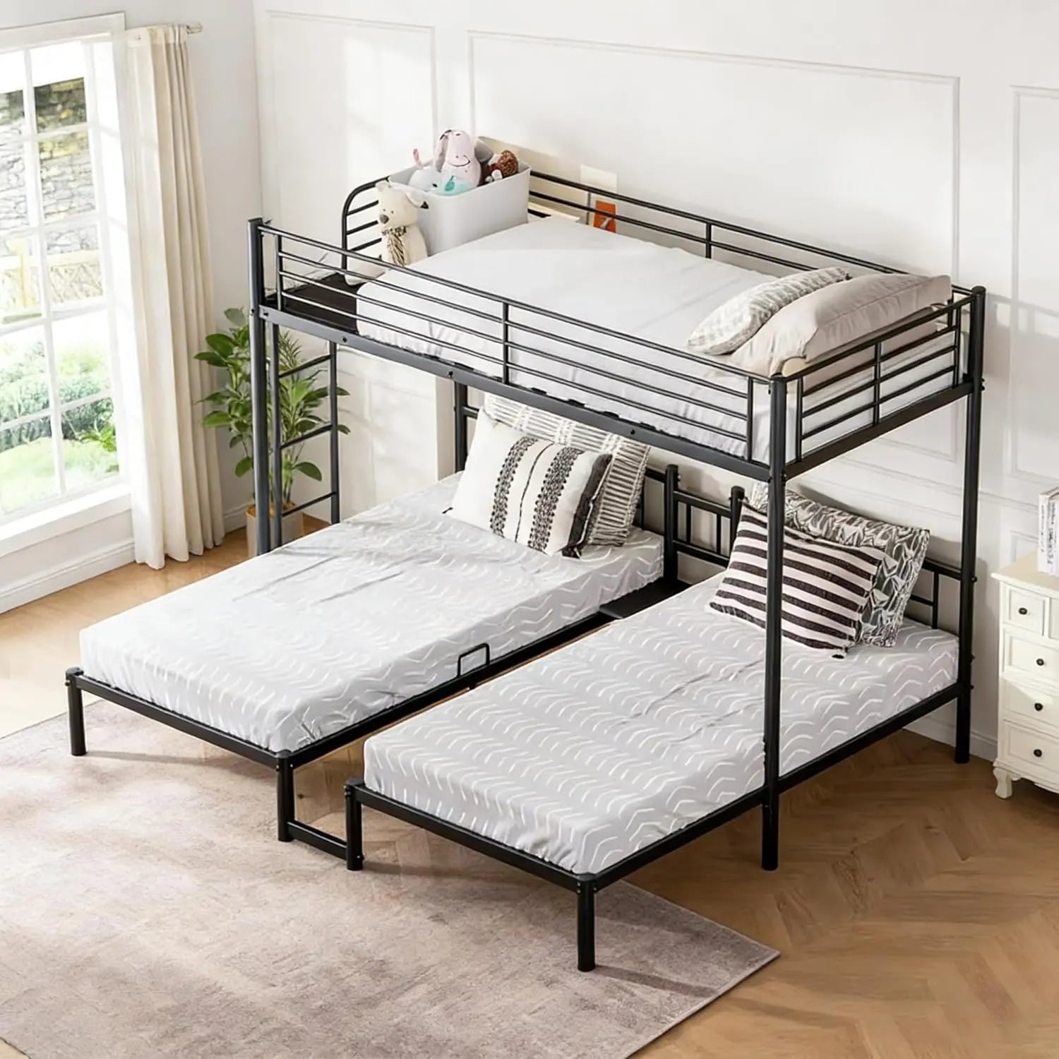 Bunk Beds Twin Over Full Size with Ladder and Guardrail