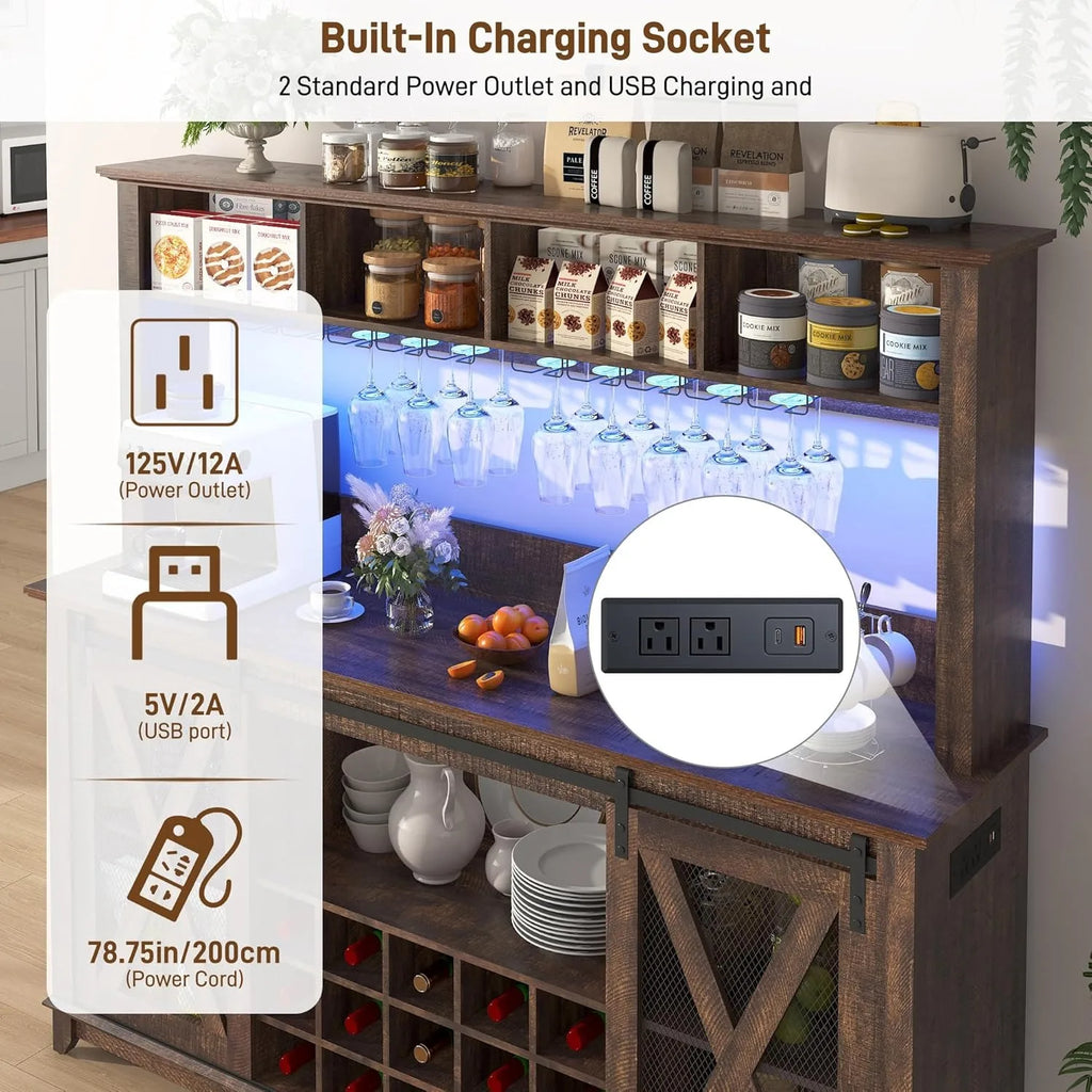 Farmhouse Coffee Wine Buffet Cabinet with LED