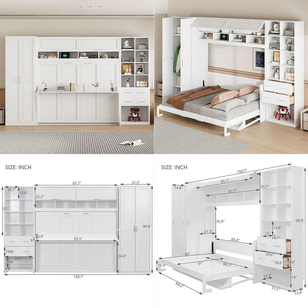Queen Size Horizontal Murphy Bed with Desk, Folding Murphy Bed Cabinet with Wardrobe Storage Drawers and Shelves, Hideaway Wall