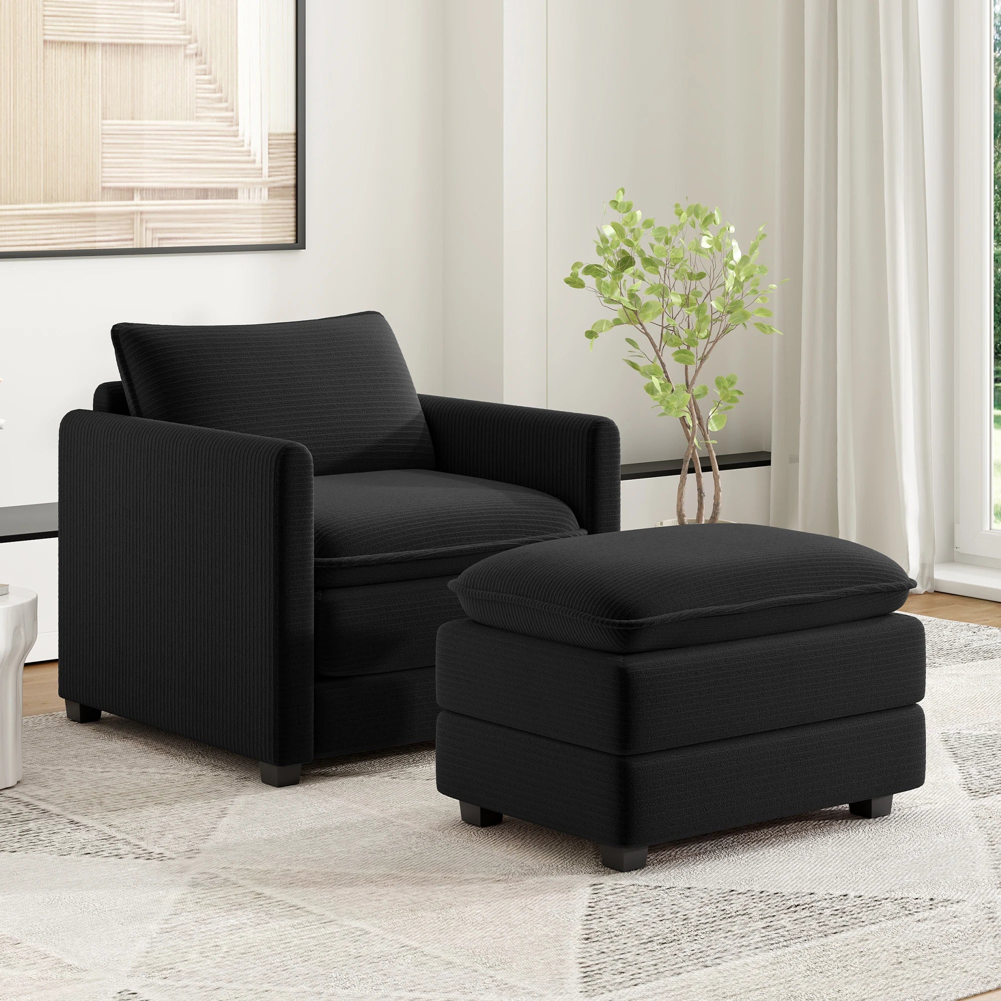 Corduroy Armchair with Ottoman Set, Accent Chair & Footstool, High-Quality Foam, Easy 15-Min Assembly, for Living Room, Bedroom
