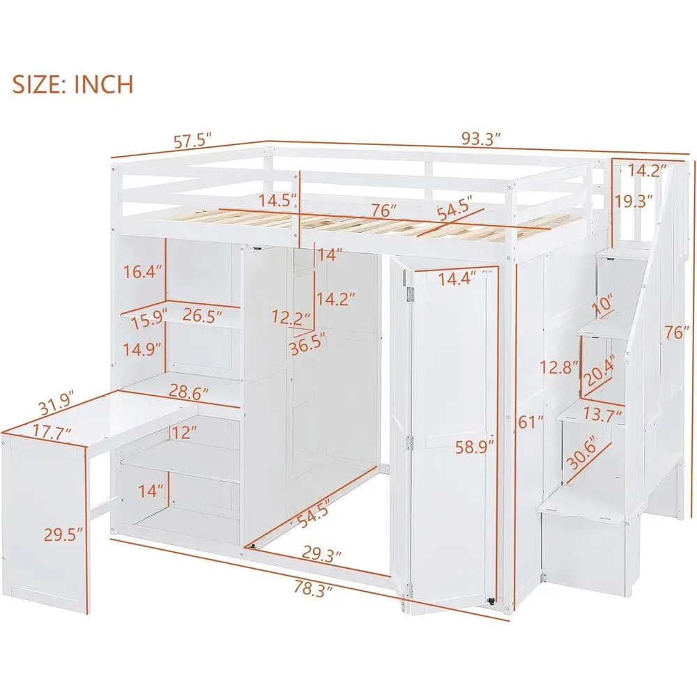 Full Size Loft Bed with Desk, Stairs, Wardrobe, Bookshelf, White for Bedroom or Study in Small Spaces