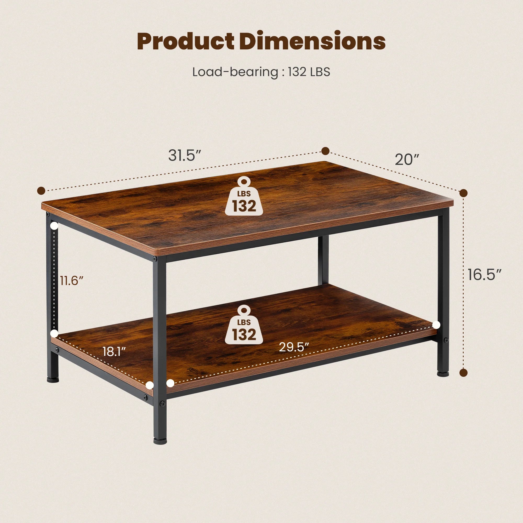 31IN Wood Coffee Table for Living Room 2-Tier