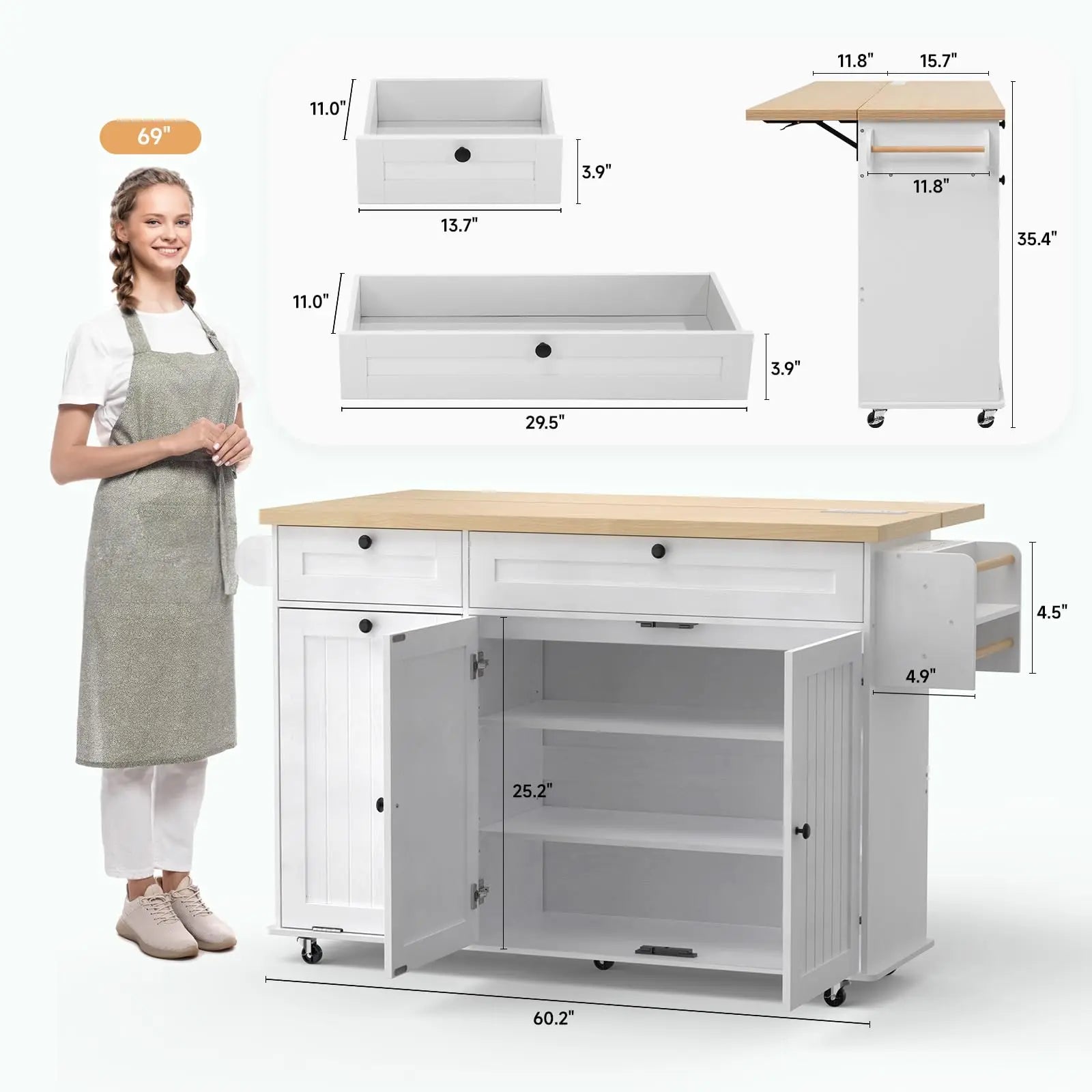 60" Mobile Kitchen Islands Table Drop Leaf with Power Outlet