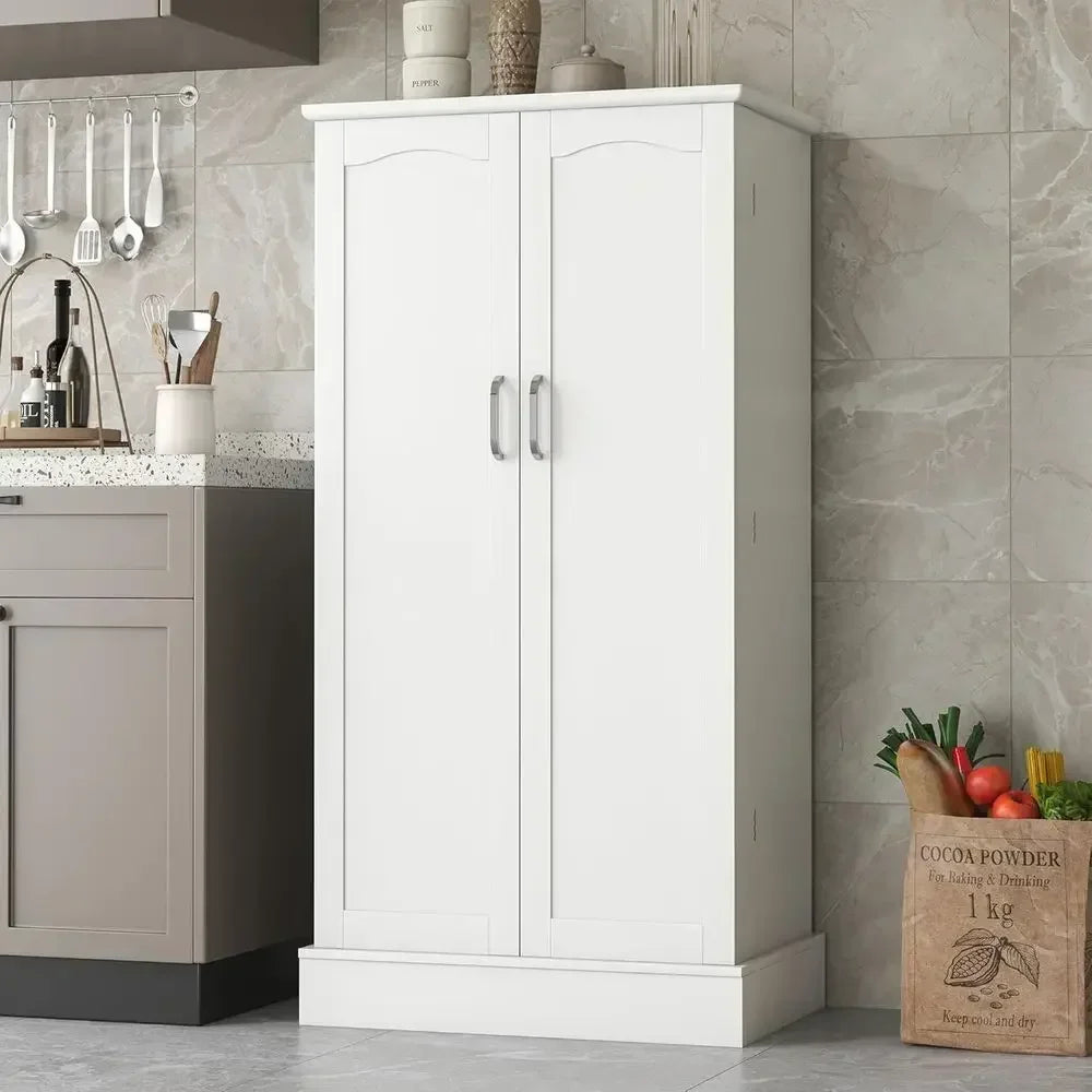 White Freestanding Kitchen Pantry Cabinet with Adjustable Shelves