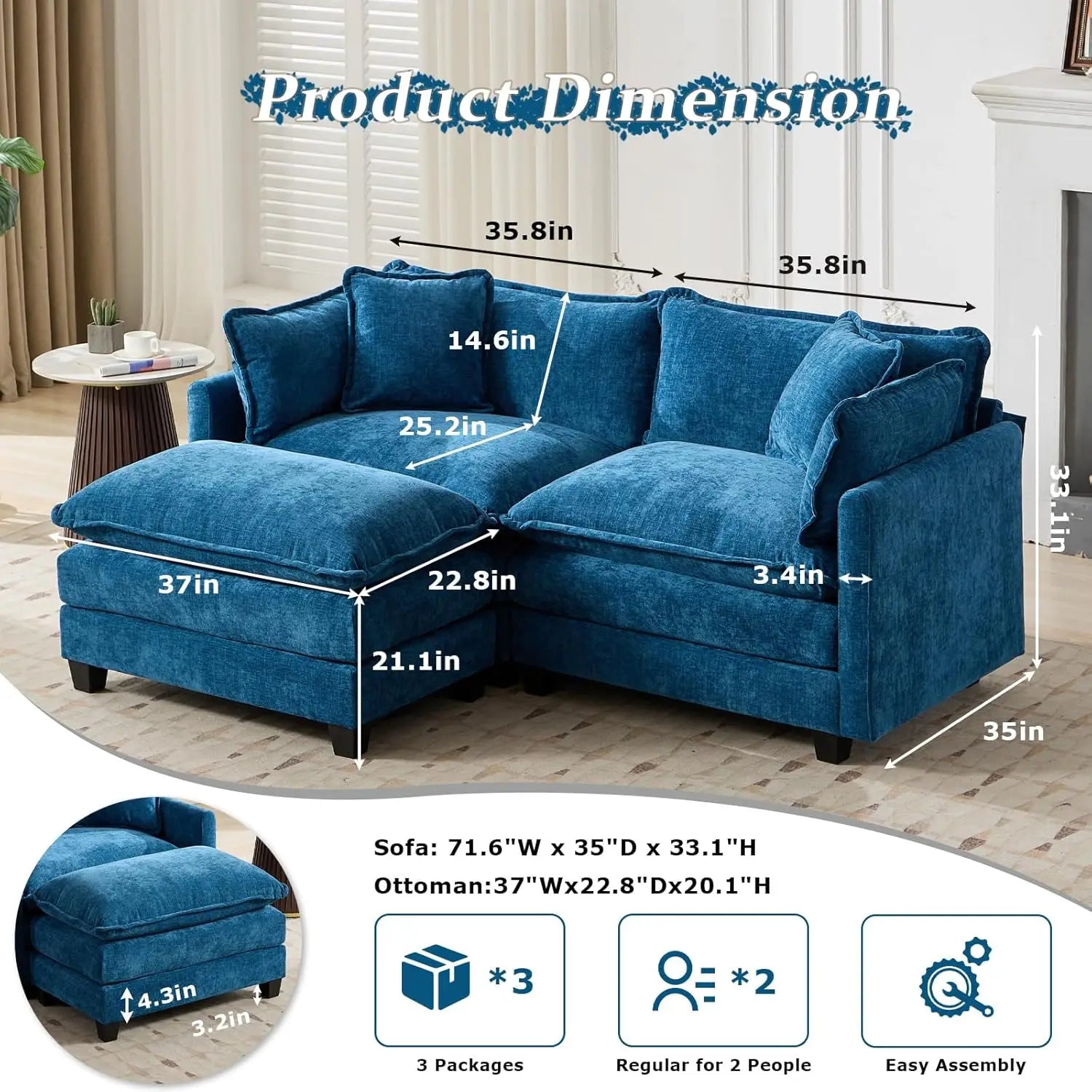 Shaped Modular Sectional Sofa with Ottoman