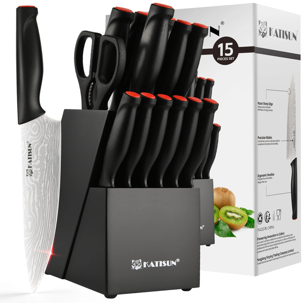 15 Piece Damascus Pattern Kitchen Knife Block Set,
