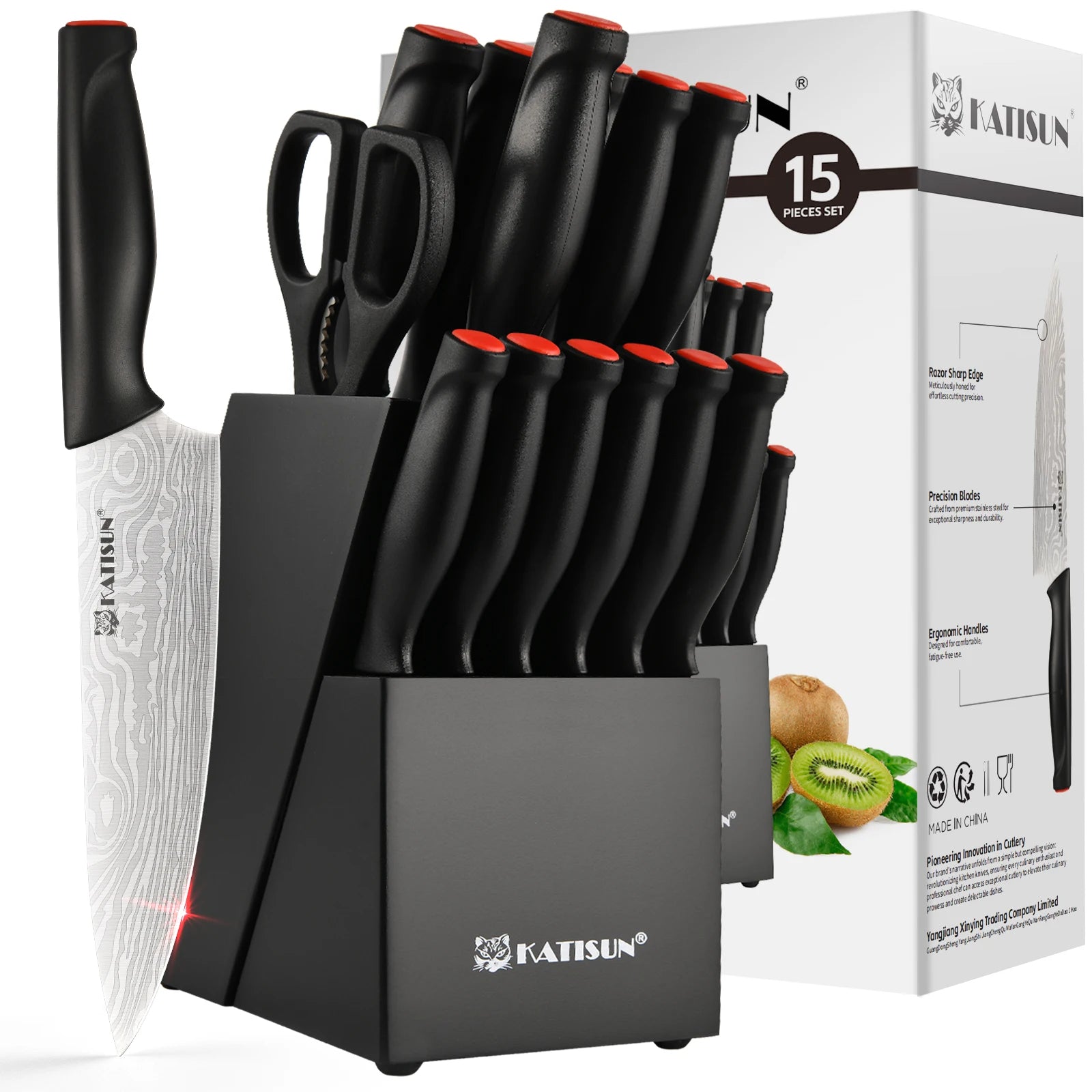 15 Piece Damascus Pattern Kitchen Knife Block Set,