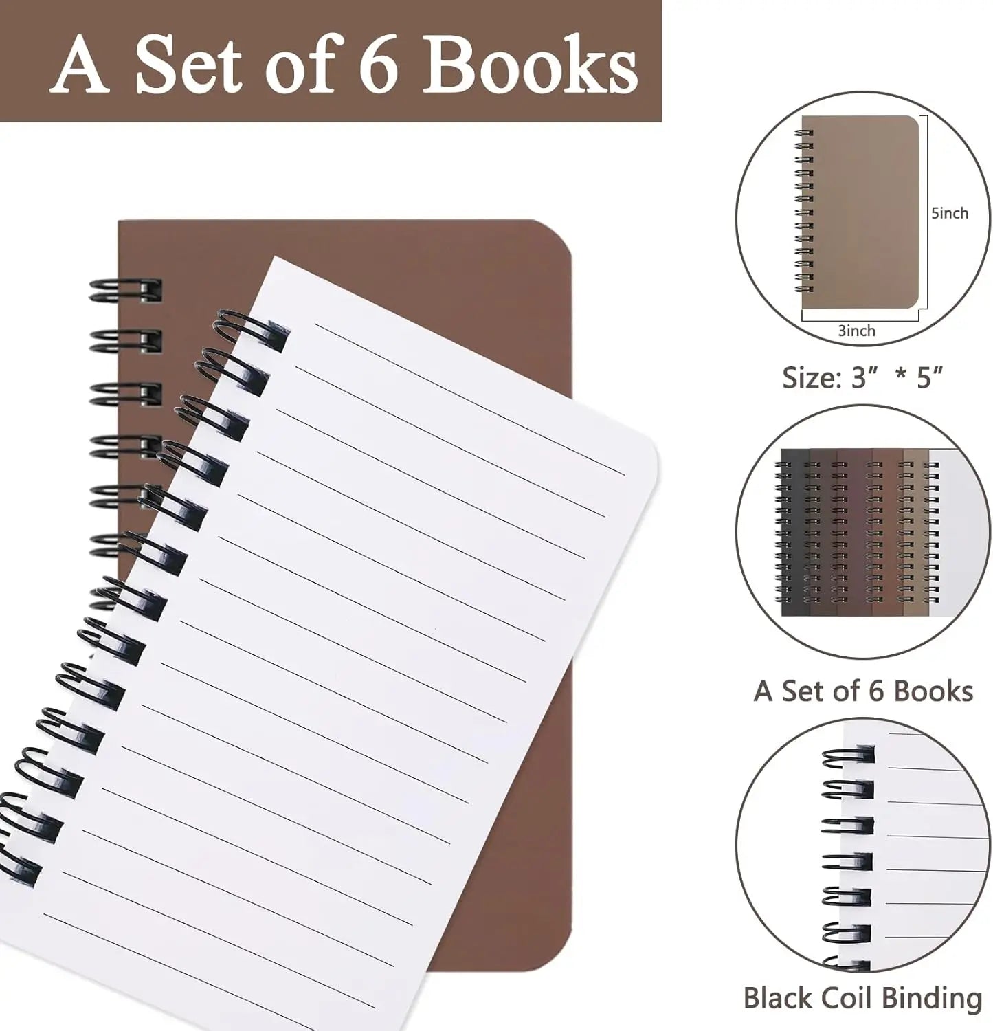 6 Pack Spiral Notebooks, 3x5 Pocket Size