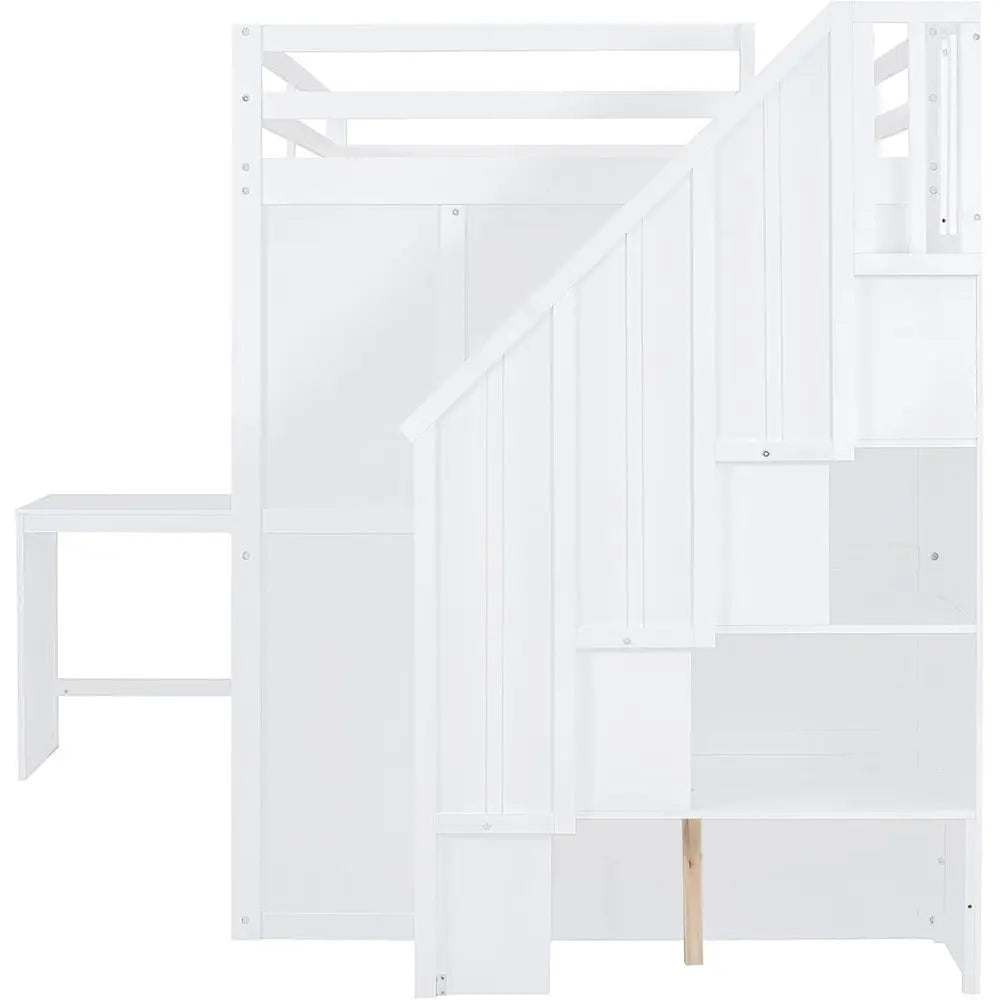 Full Size Loft Bed with Desk, Stairs, Wardrobe, Bookshelf, White for Bedroom or Study in Small Spaces