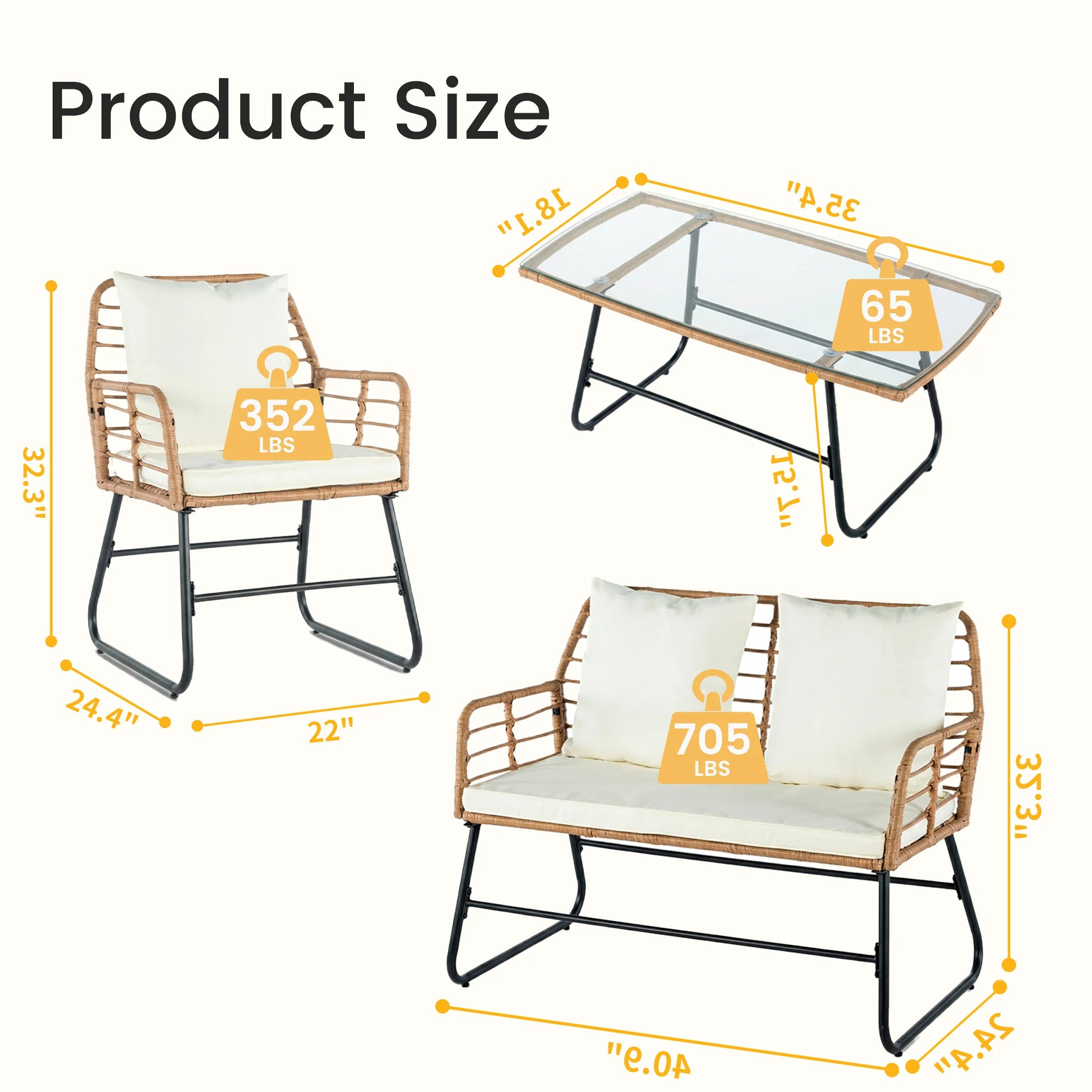 Outdoor Wicker Patio Furniture Set 4 with Soft Cushion and Glass Table