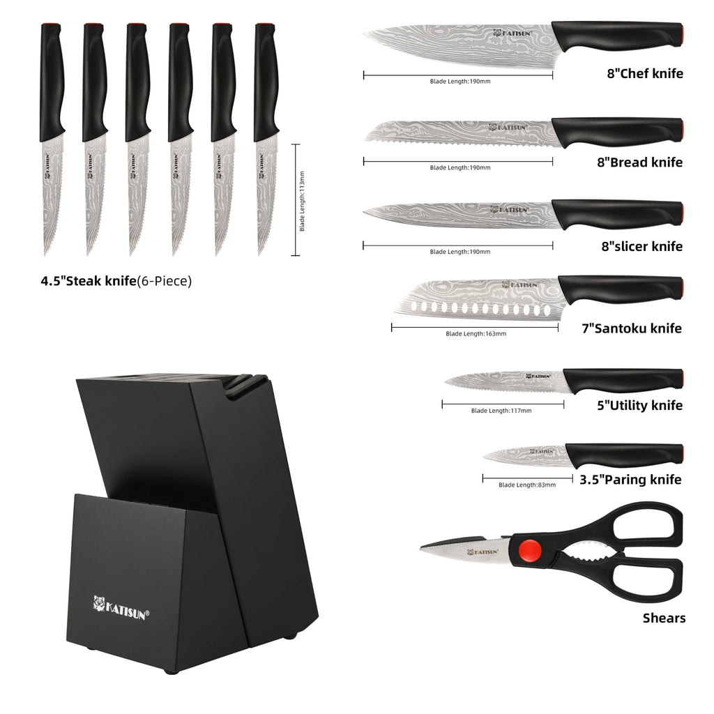 15 Piece Damascus Pattern Kitchen Knife Block Set,