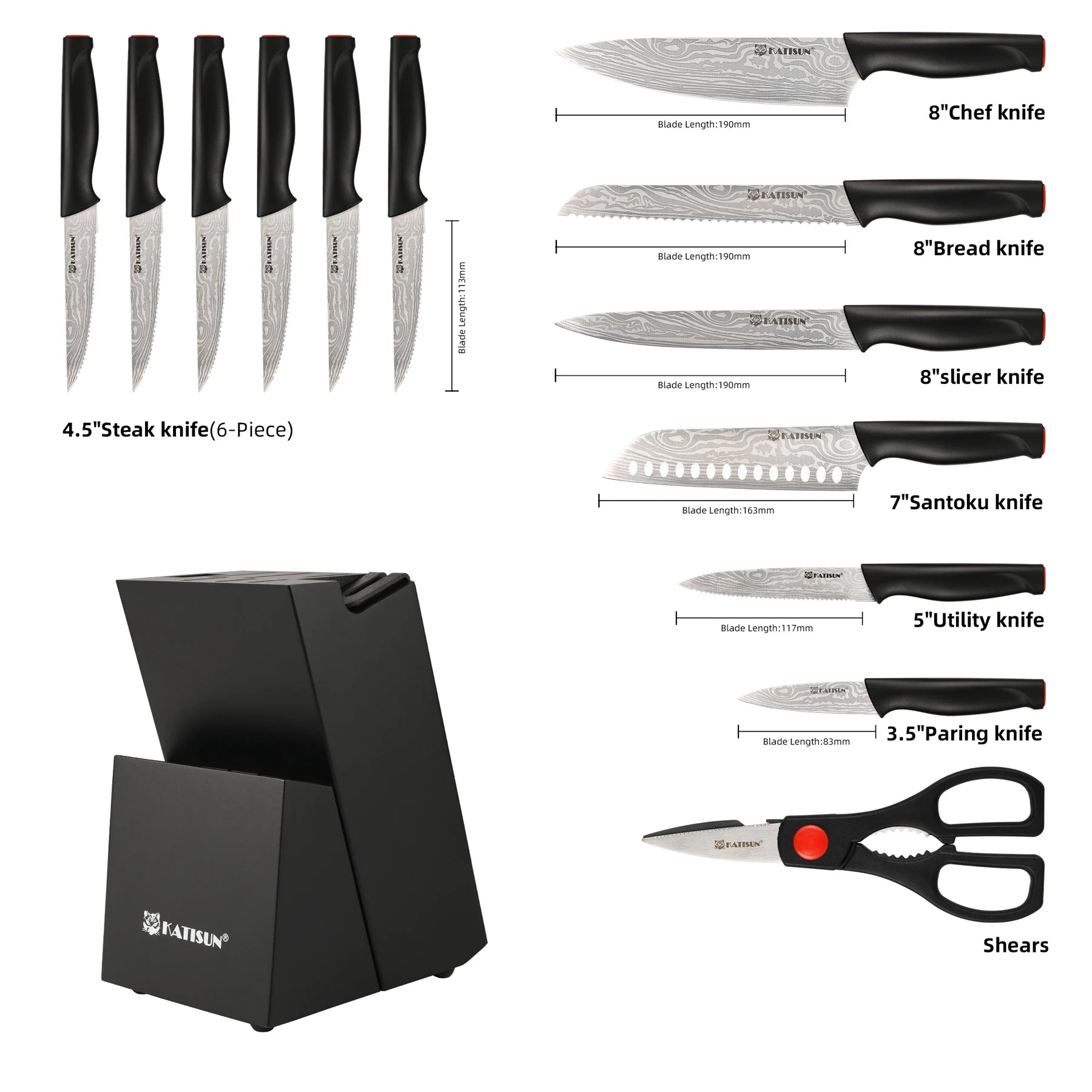 15 Piece Damascus Pattern Kitchen Knife Block Set,