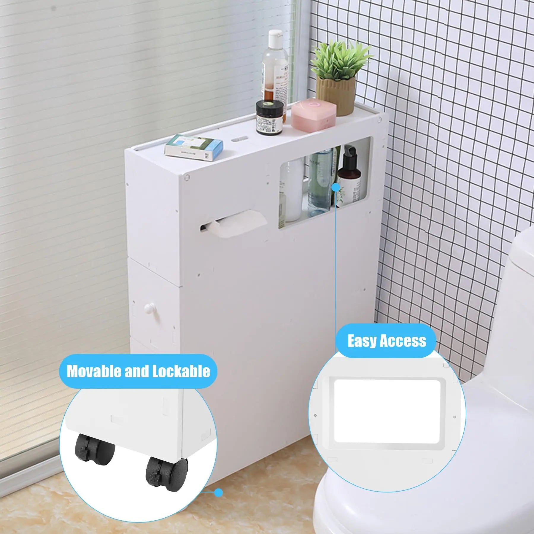 Toilet Slim Bathroom Storage Cabinet with Wheels