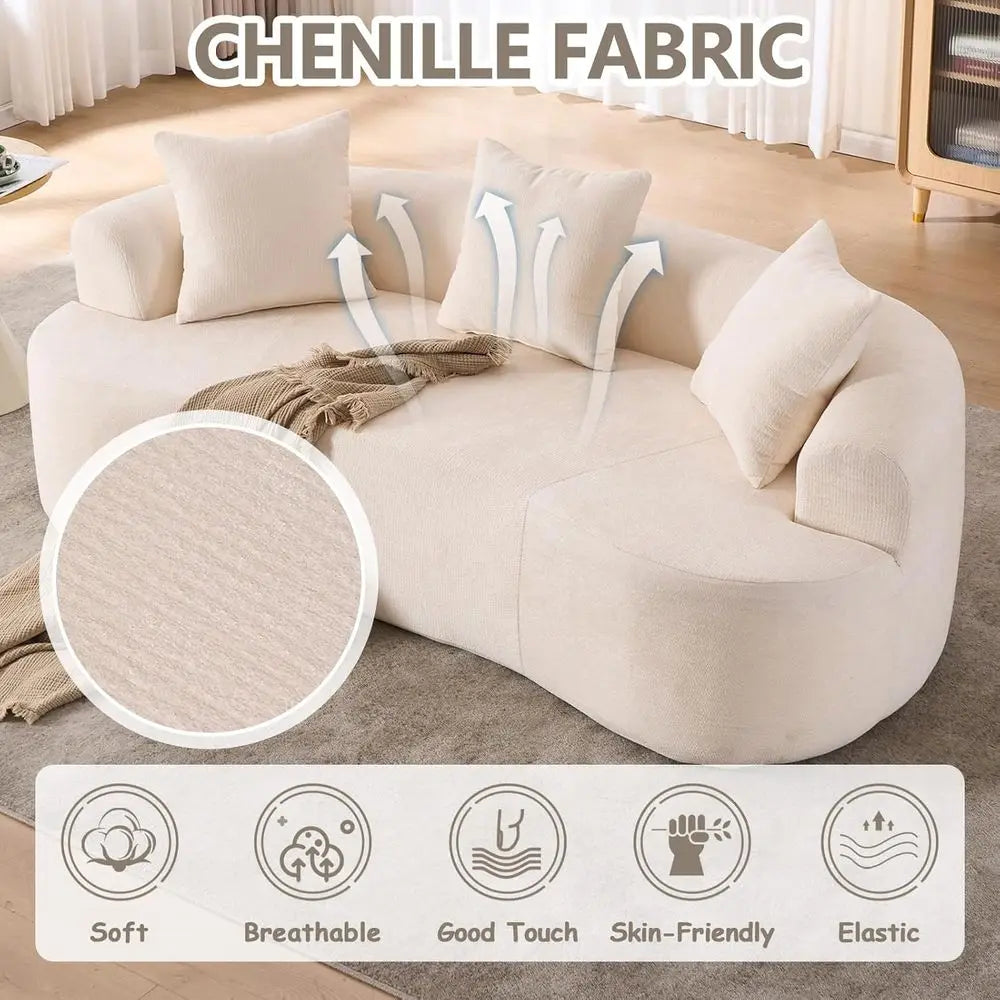 Beige Curved Loveseat Sofa with 3 Throw Pillows