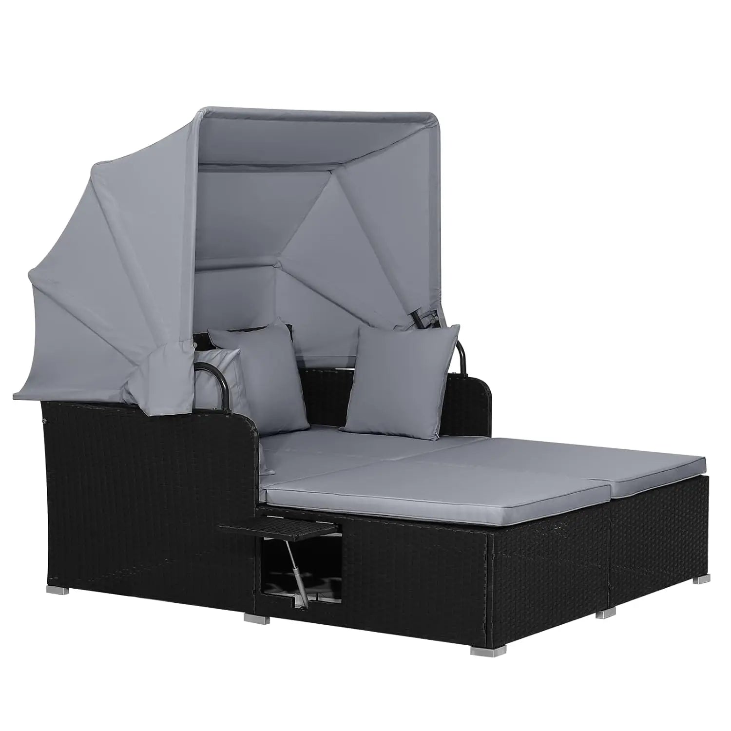 Outdoor Canopy Daybed Rattan Lounge w/Cushions & Pillows
