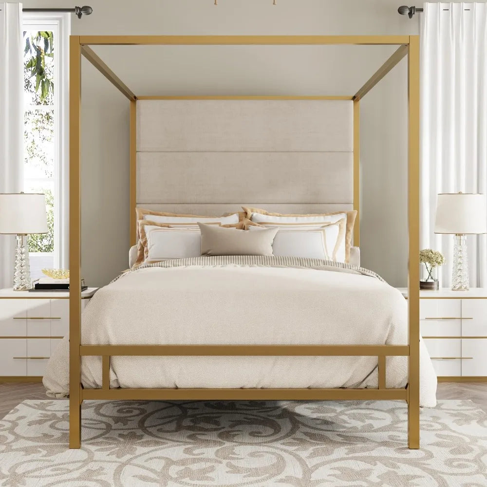 King Size Metal Canopy Bed Frame with Upholstered Headboard