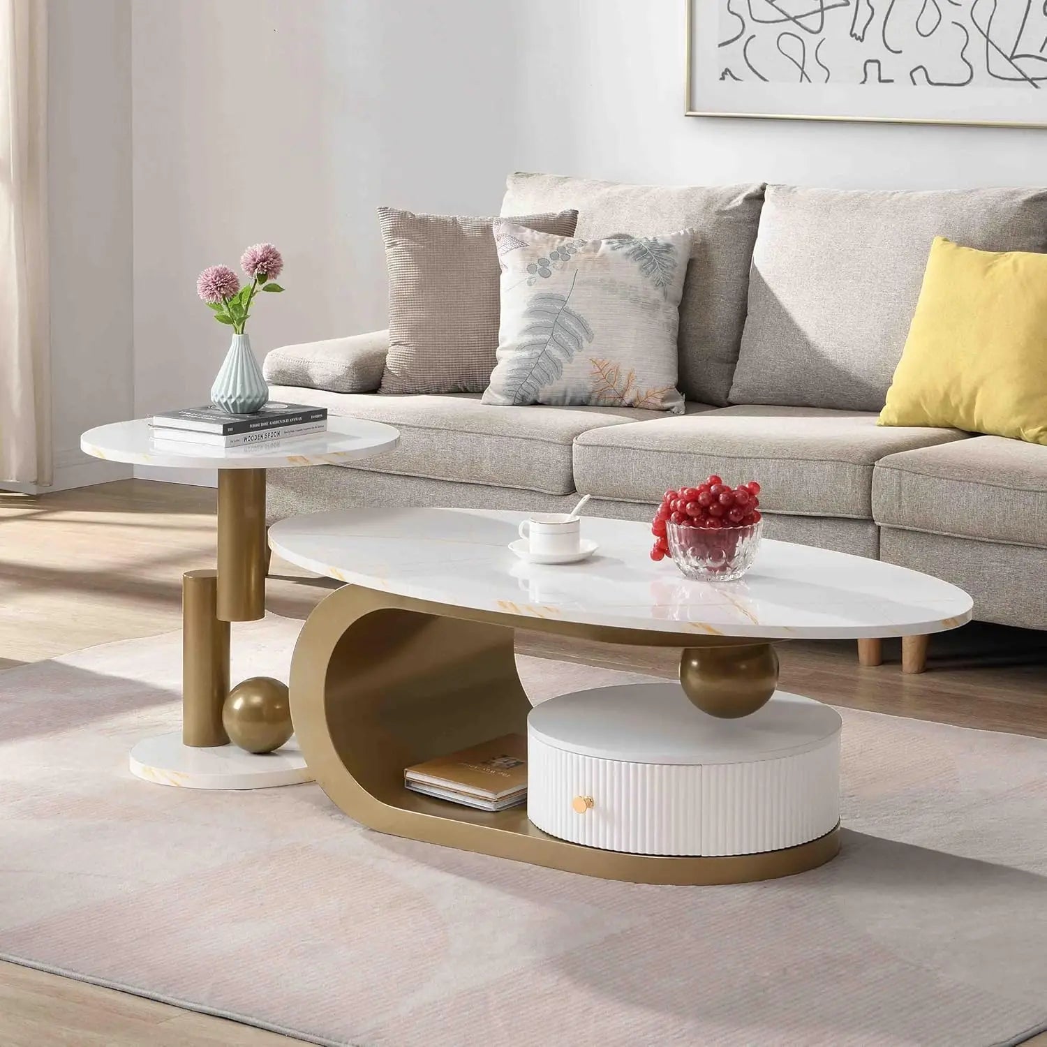 Modern Coffee Table with Silver Stainless Steel Pedestal