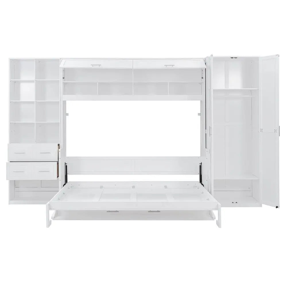 Queen Size Horizontal Murphy Bed with Desk, Folding Murphy Bed Cabinet with Wardrobe Storage Drawers and Shelves, Hideaway Wall