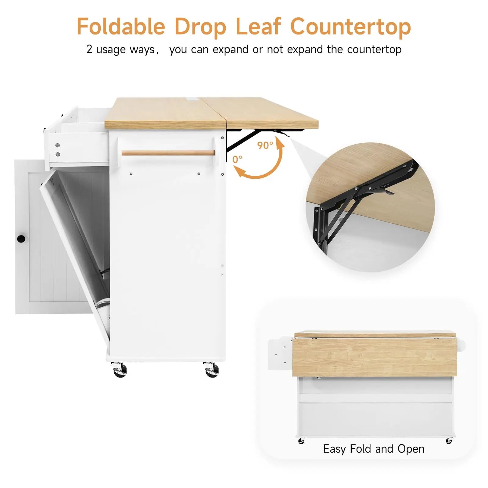 60" Mobile Kitchen Islands Table Drop Leaf with Power Outlet
