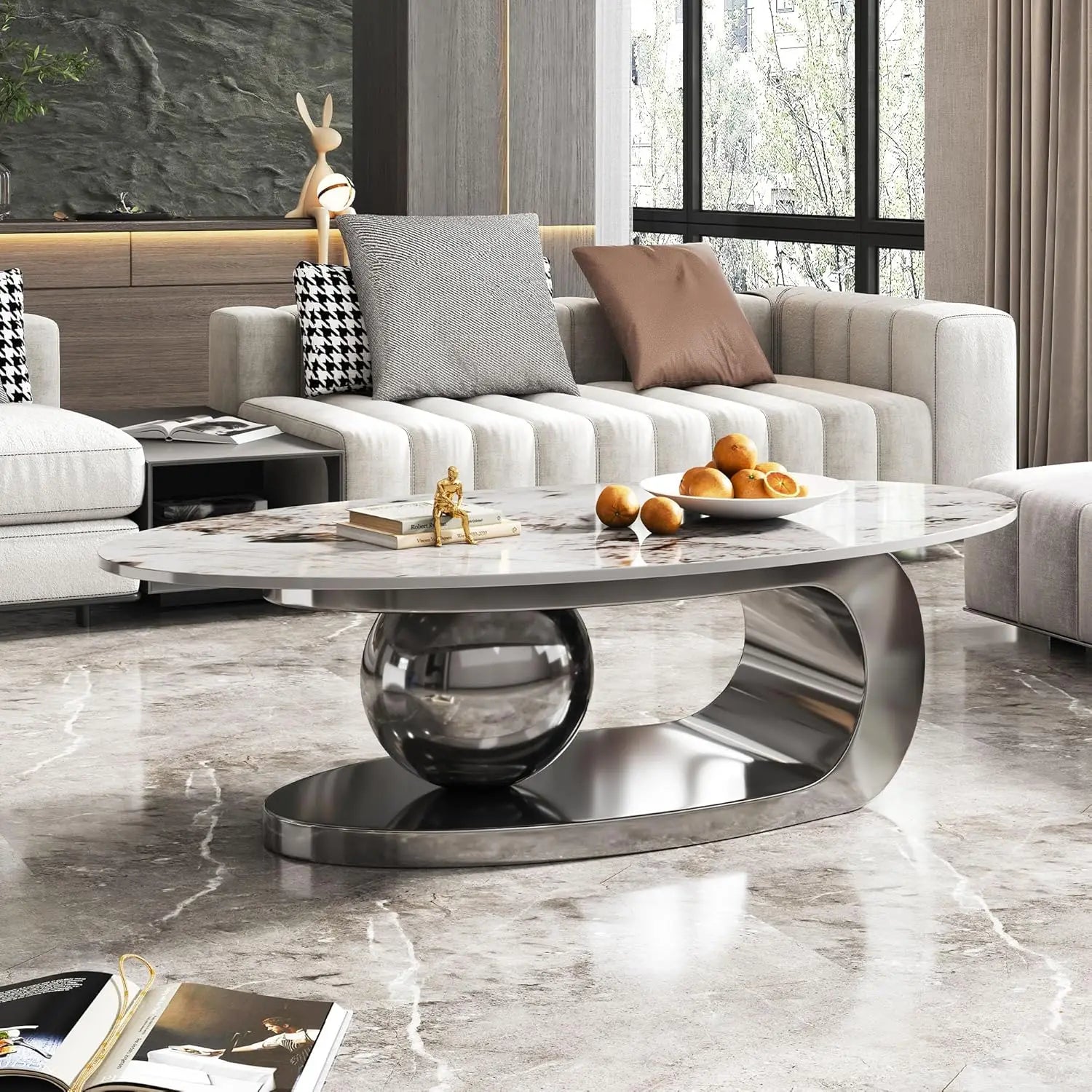 Modern Coffee Table with Silver Stainless Steel Pedestal