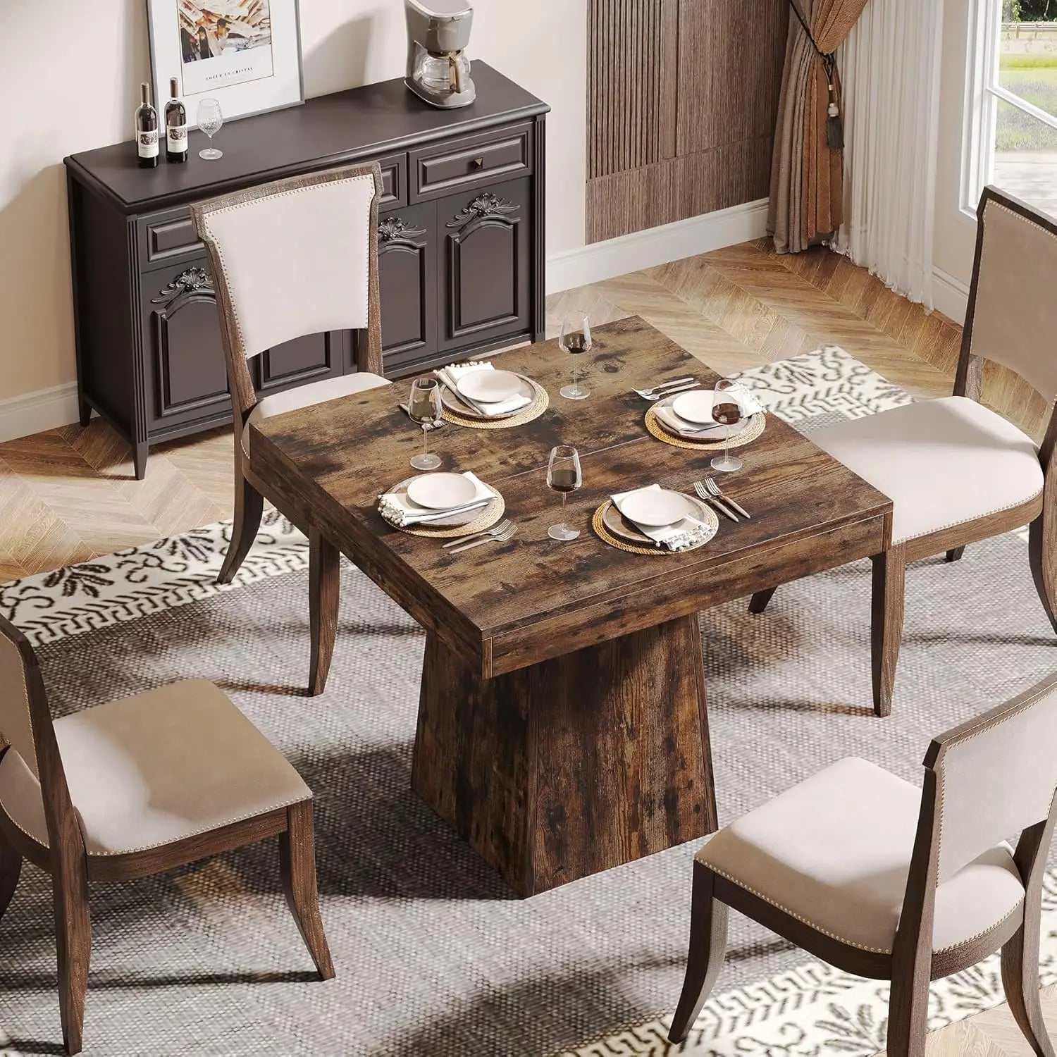 Square Dining Table for 4 with Sturdy Pedestal Base
