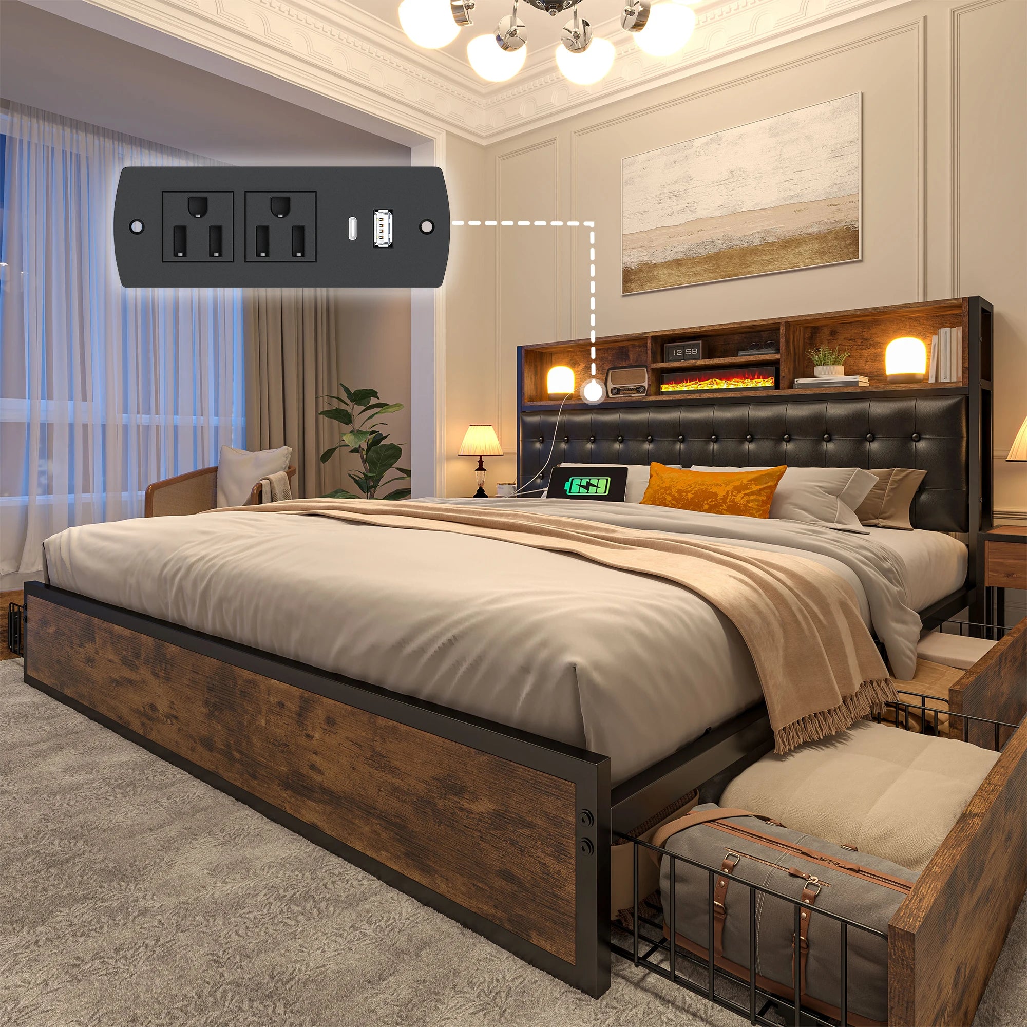 Full/Queen/King Bed Frame 4 Storage Drawers