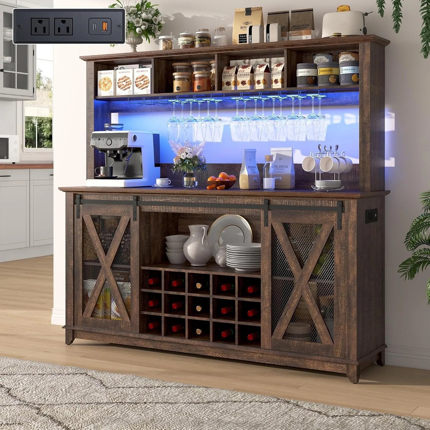 Farmhouse Coffee Wine Buffet Cabinet with LED