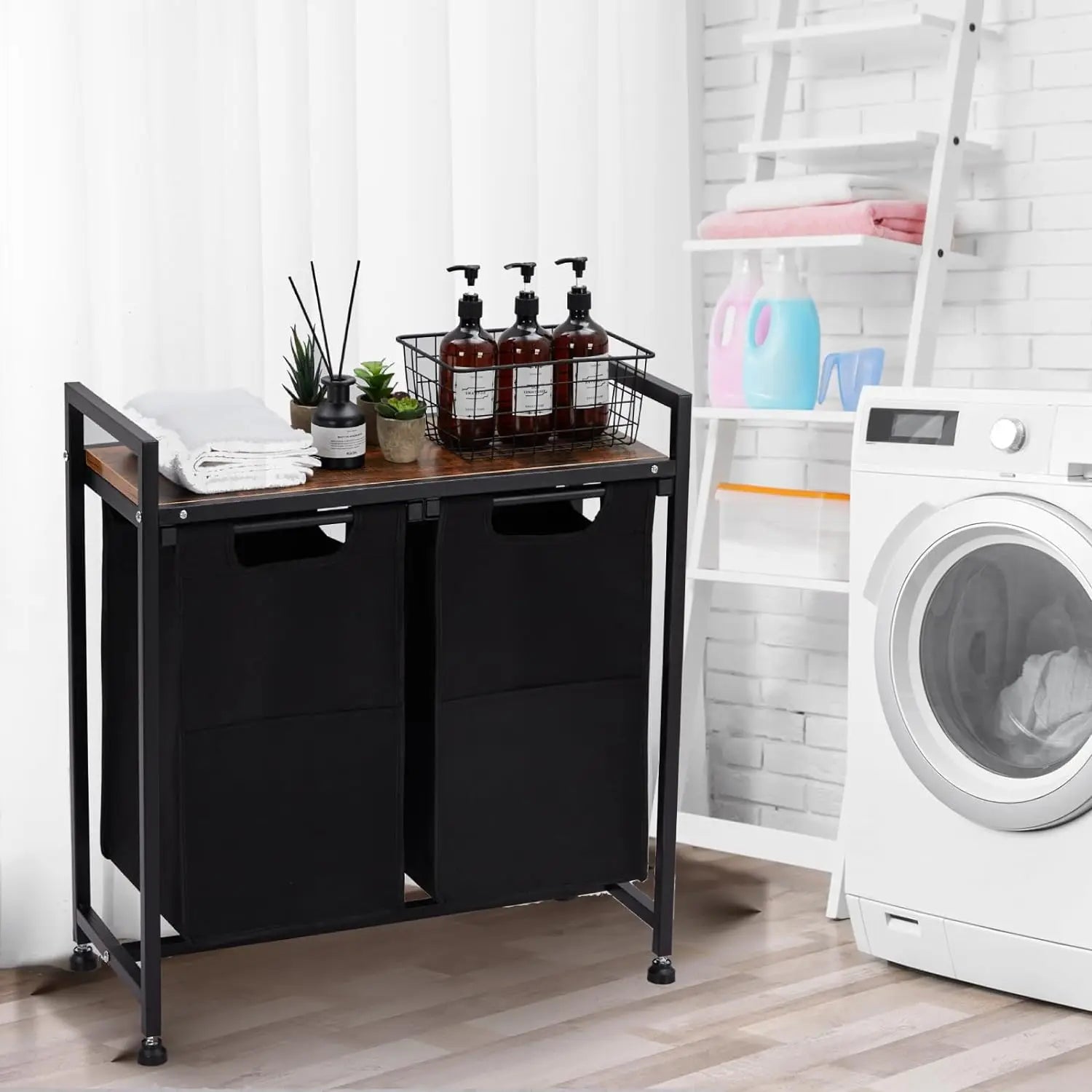 Laundry Hamper 2 Section with Removable Bag and Top Shelf