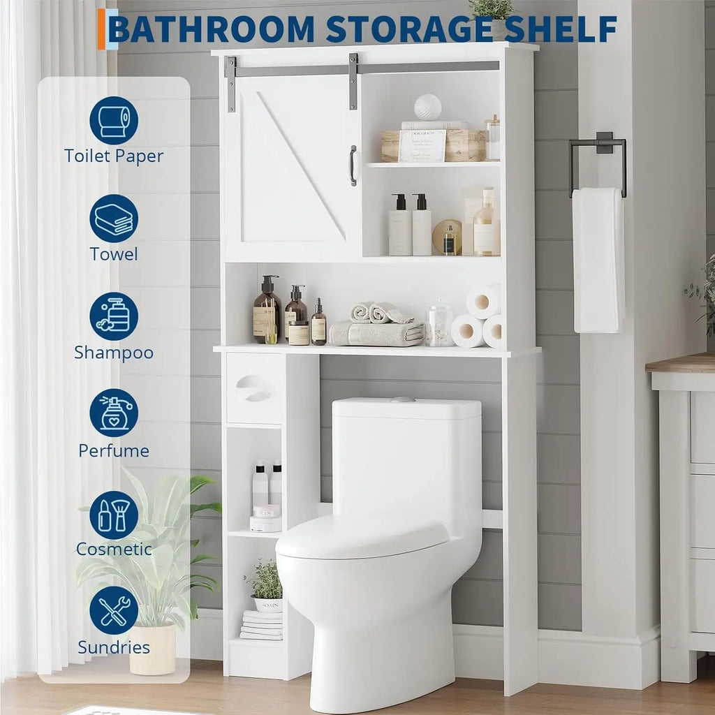 Bathroom Storage Cabinet-Above Toilet Organizer with Sliding Barn Door