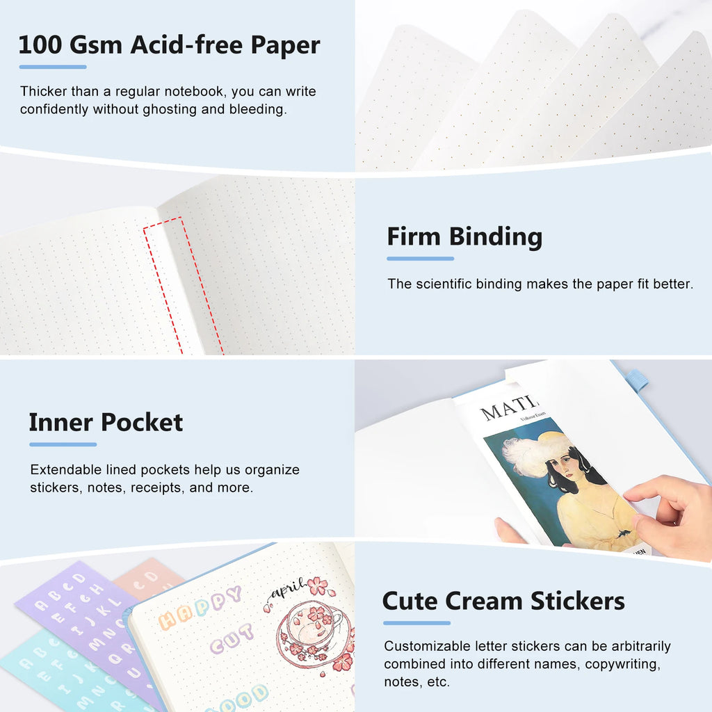 Hardcover A6 Dot Grid NoteBook Retro Blue Bandage Design Compact Portable Mini Notebook for Notes Sketching for Offices School